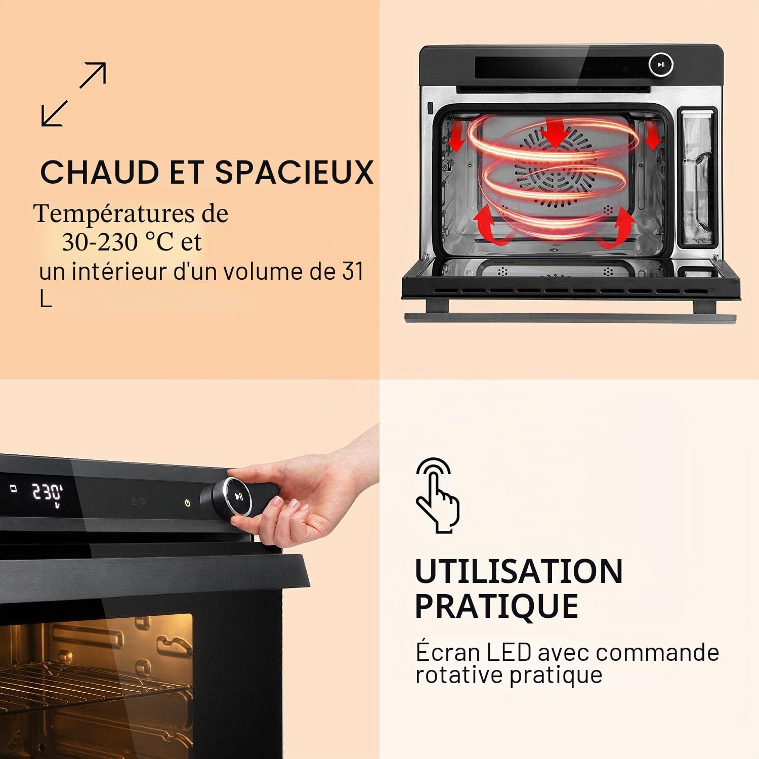 KLARSTEIN VaporChef - Four vapeur encastrable, four posable, cuiseur vapeur sur pied, 230 ° C, réservoir d'eau 1,5 L, molette de commande, CEE A, grill, friture à air, 31 L - Noir