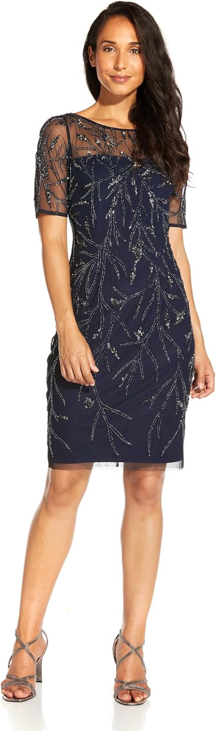 Adrianna Papell Womens Beaded Cocktail Dress