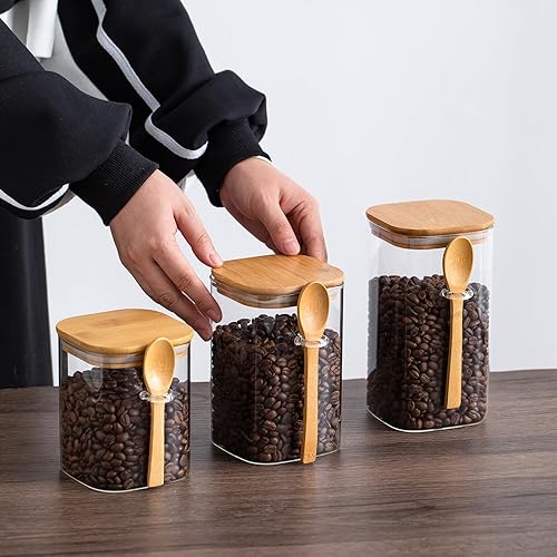 Miniatura 8 de VISIBLE Recipiente de almacenamiento de vidrio sellado Airlock con tapa hermética de bambú y cuchara, perfecto para alimentos, 40 onzas líquidas