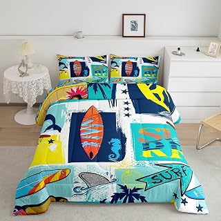 Castle Fairy Surfing Sports Comforter Set Twin Size,Colorful Surf Themed Graffiti Painting Bedding Set for Kids Boys Men,Surfboard Fish Stars Plaid Quilted Duvet Set with 1 Pillowcase