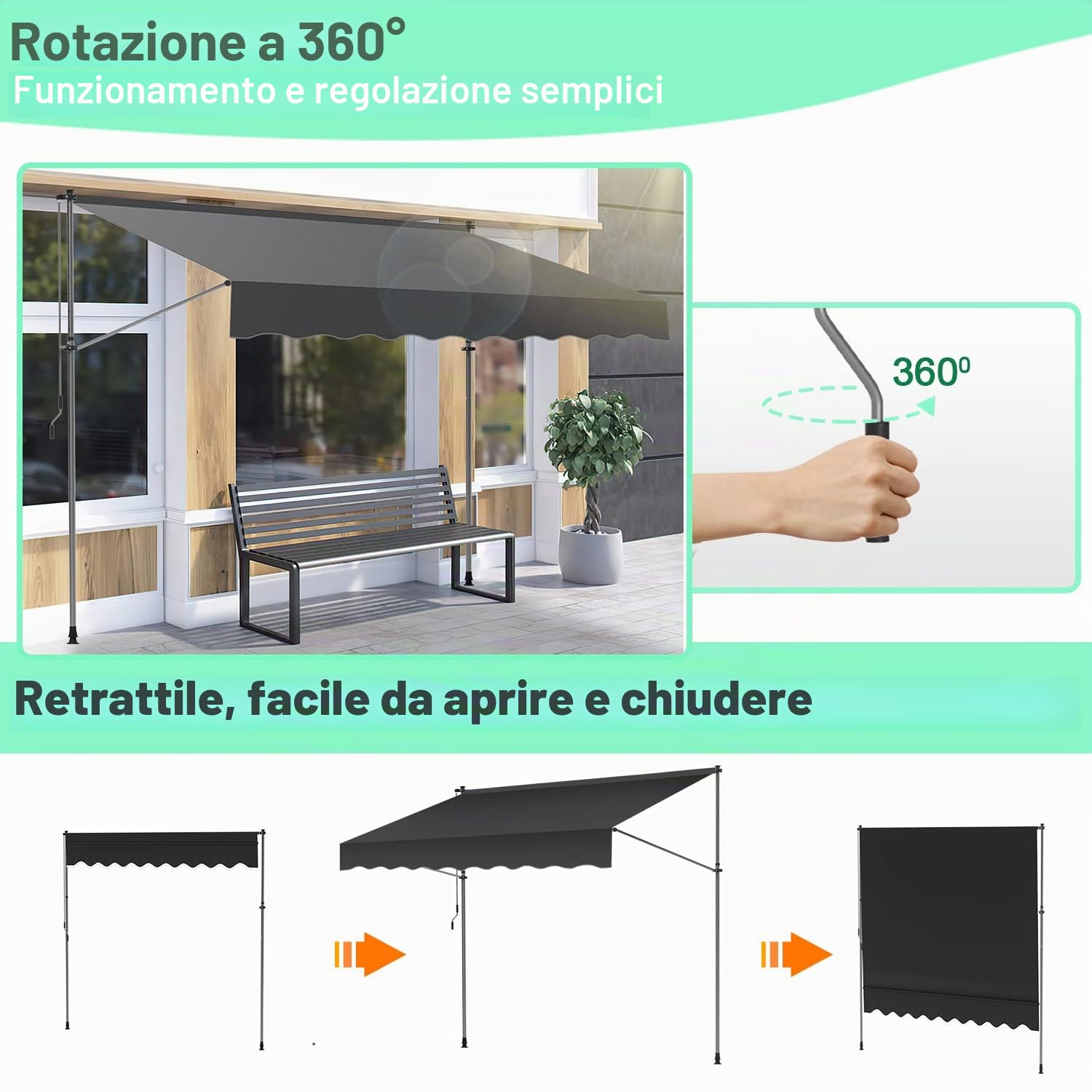 Ikodm Tenda da sole con manovella, 200 x 120 x 200 - 300 cm, grigia, per balcone, resistente ai raggi UV 50+, regolabile in altezza, impermeabile, facile da montare (GOL-8761-M1c)
