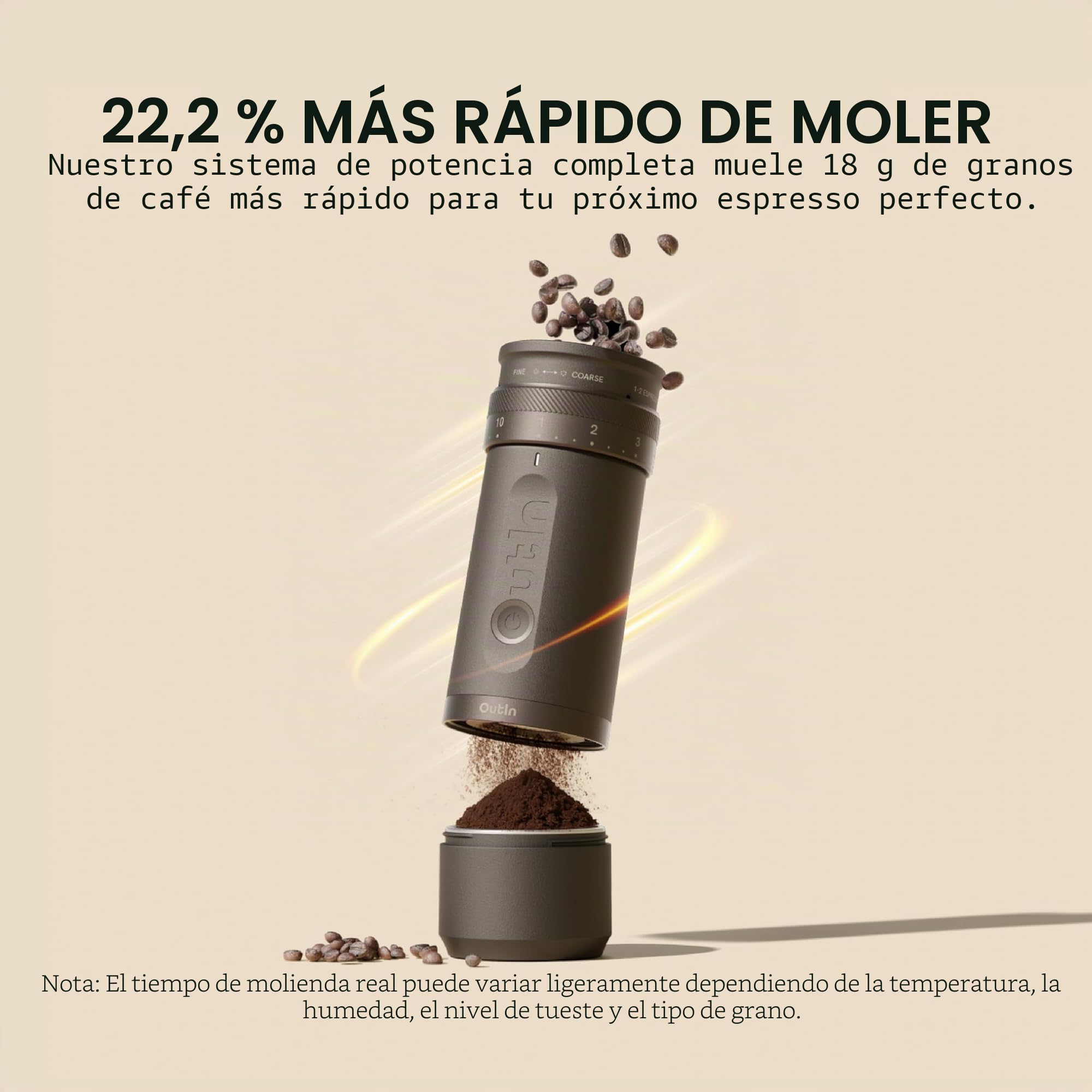 OutIn Fino Molinillo de café eléctrico portátil con OutIn Soporte universal para café (con base de corcho)