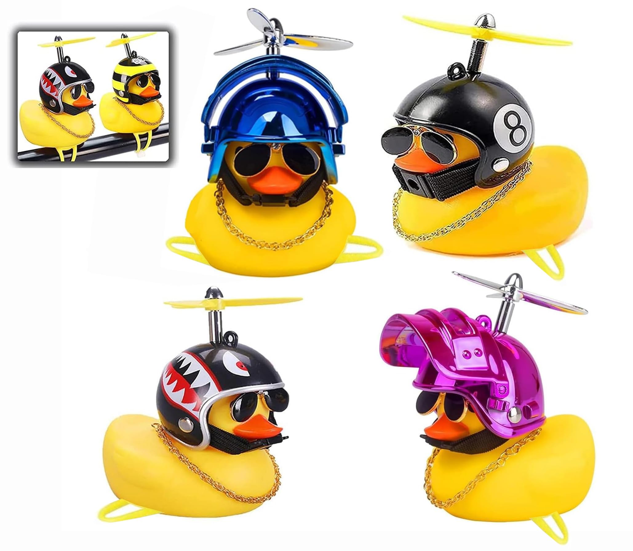 4 Stück Fahrrad Quietscheente mit Helm|Die süße Fahrradhupe mit Helm und Propeller|Quietscheente Fahrrad-Fahrrad Ente,für Kinder|Ente mit Helm|Rubber Bike Deko|Geschenk für Weihnachten,Geburstag