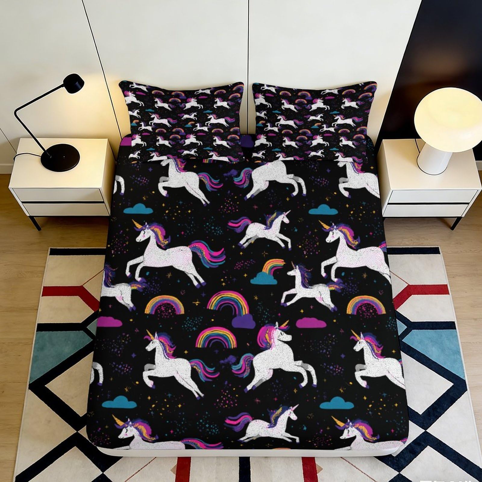 3D Printed Unicorn Rainbow Fitted Sheet Microfiber Soft Anti-Slip Bed Sheet for Bedroom Guestroom Decor Protection 90x200x25cm