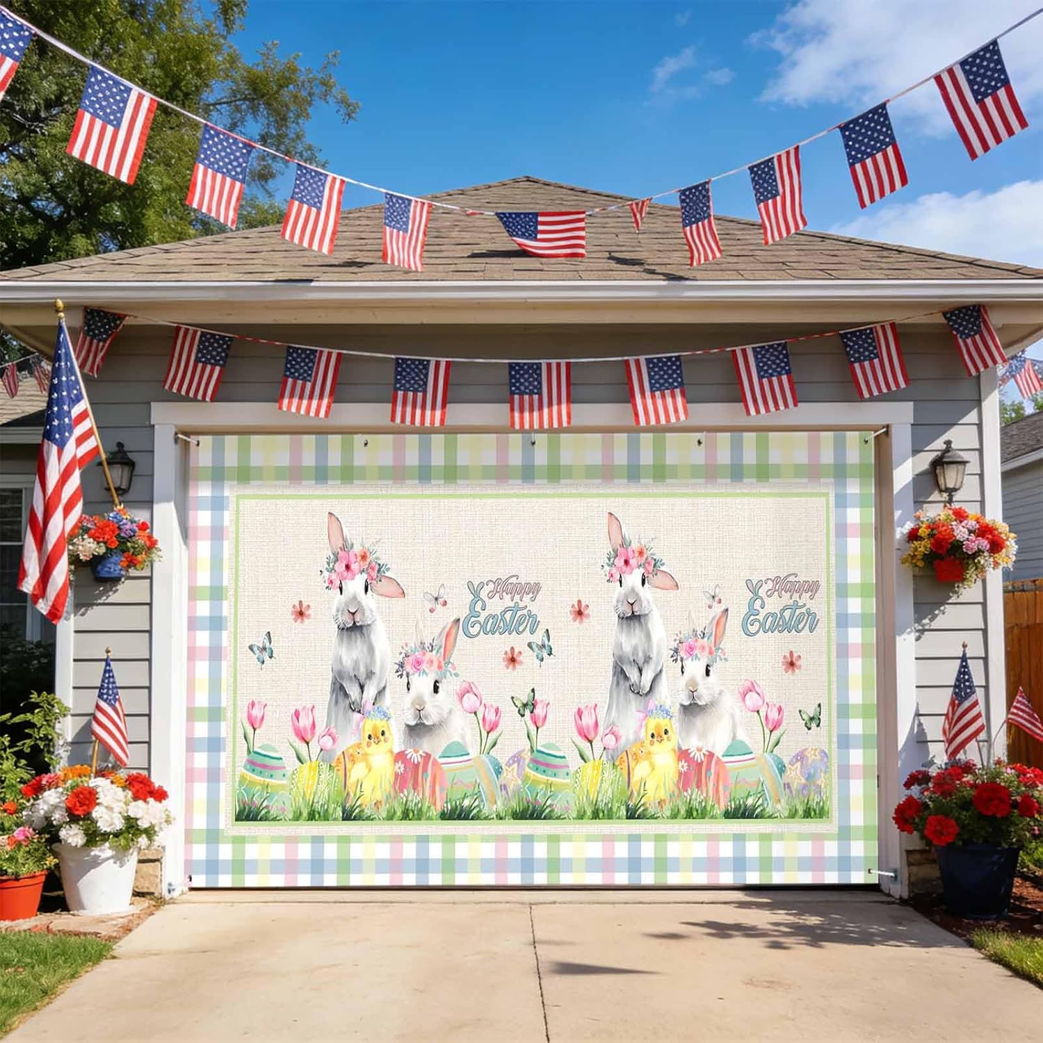 Garage Door Banner 7x16ft, Farm Bunny Easter Egg Flower Garage Door Cover Large Backdrop Banners for Outdoor Indoor Party Holiday Birthday Yard Colorful Plaid Retro Linen