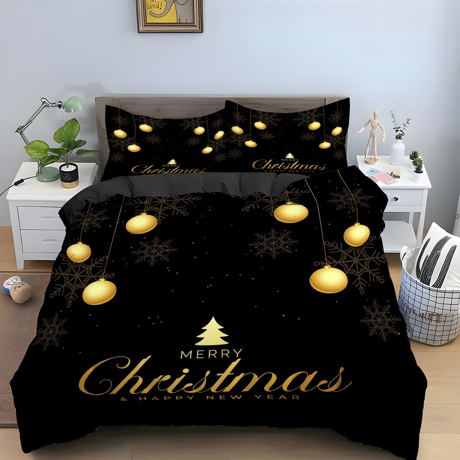 Housse de couette 160x200 Noël lit 2 personnes microfibre avec 2 taies