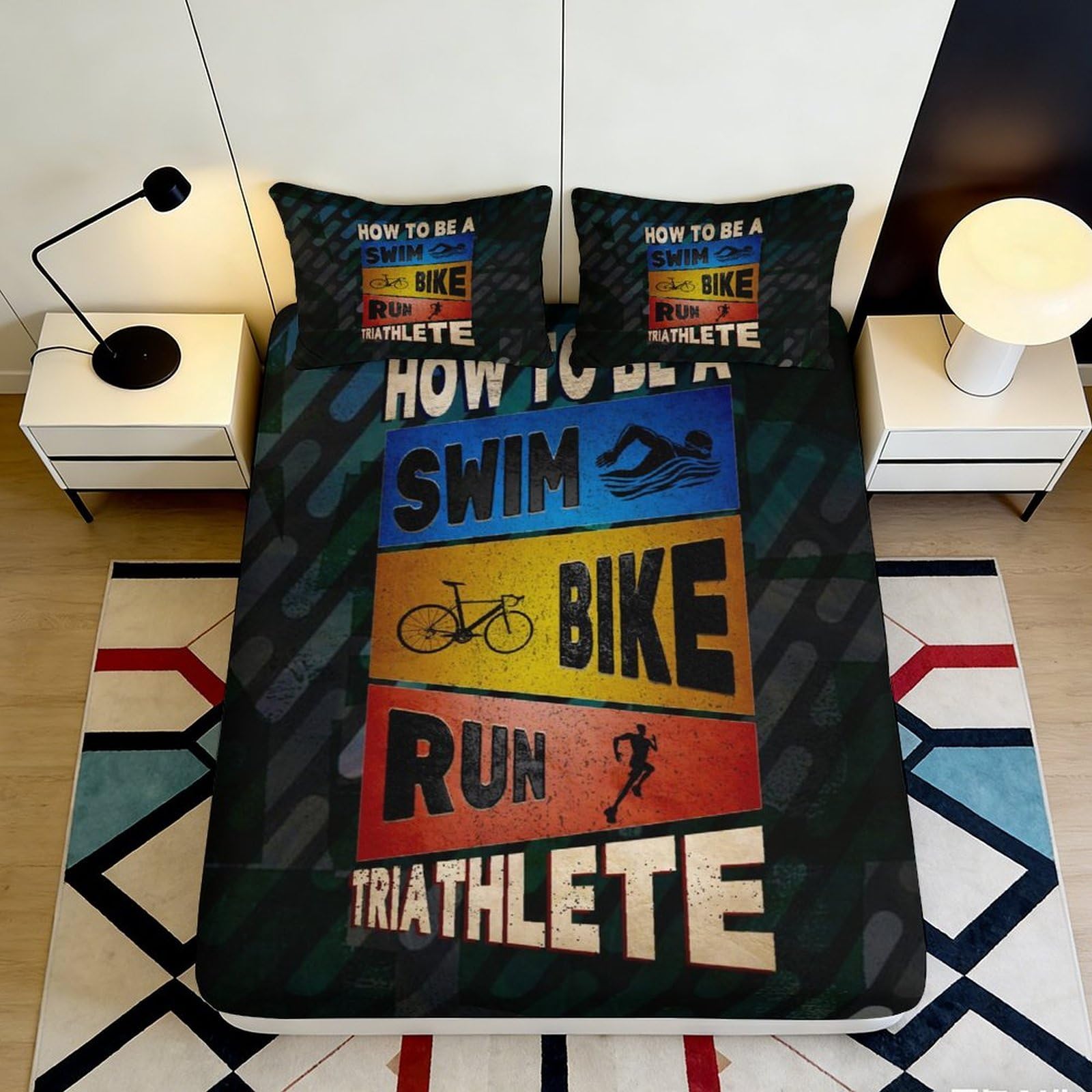 3D Printed Triathlon Athlete Fitted Sheet Microfiber Swim Bike Run Bed Cover for Bedroom Dorm Protection Decor 90x200x25cm