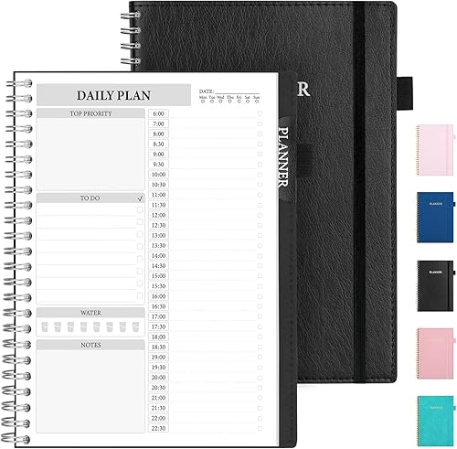 Forvencer - Agenda diaria duradera sin fecha, A5 (5.8 x 8.3 pulgadas), cuaderno mejorado de piel sintética con horario por horas, organizador de