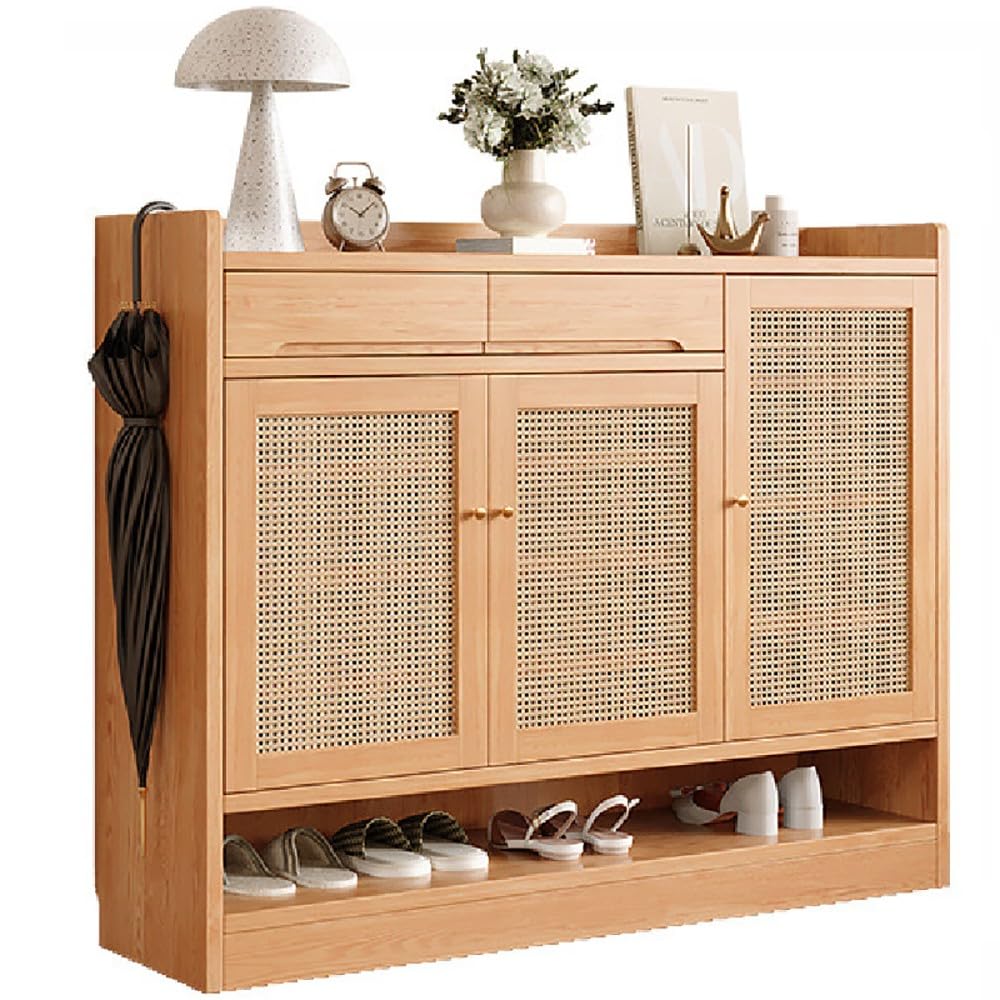 Angelfanmily Natural 2 Drawer Shoe Cabinet With Adjustable Shelves, Wooden Freestanding Shoe Storage Organiser With Doors And Open Storage, For Entryway Hallway And Living Room, Finish