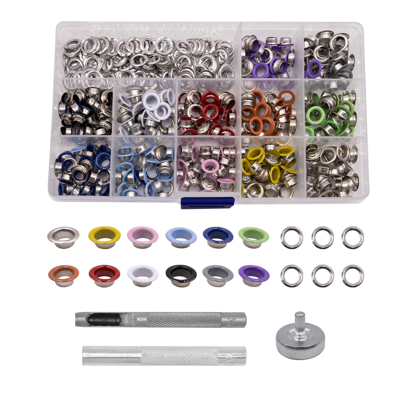 pangutheos 360 Pezzi Occhielli 12 Colori, 6 mm Occhielli per Tessuti con 3 Strumenti di Installazione, Kit Occhielli Colorati per Abbigliamento, Teloni, Pelle, Tela, Scarpe
