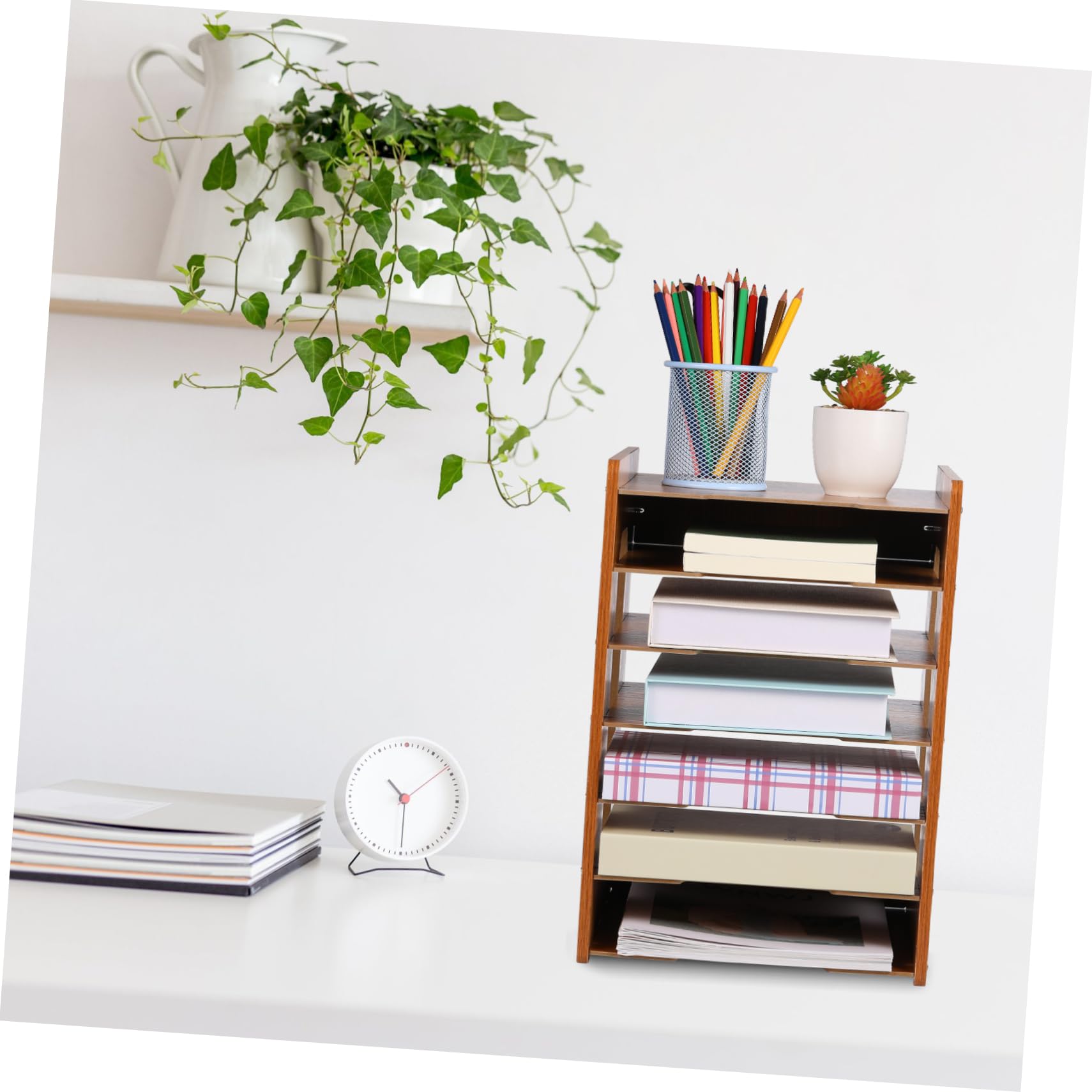 Angoily Organizer Scrivania in Ciliegio Strati Portadocumenti Impilabile per Ufficio e Casa Portaoggetti Multifunzionale per Libri Cancelleria e File Design Compatto e Stabile per Tavolo