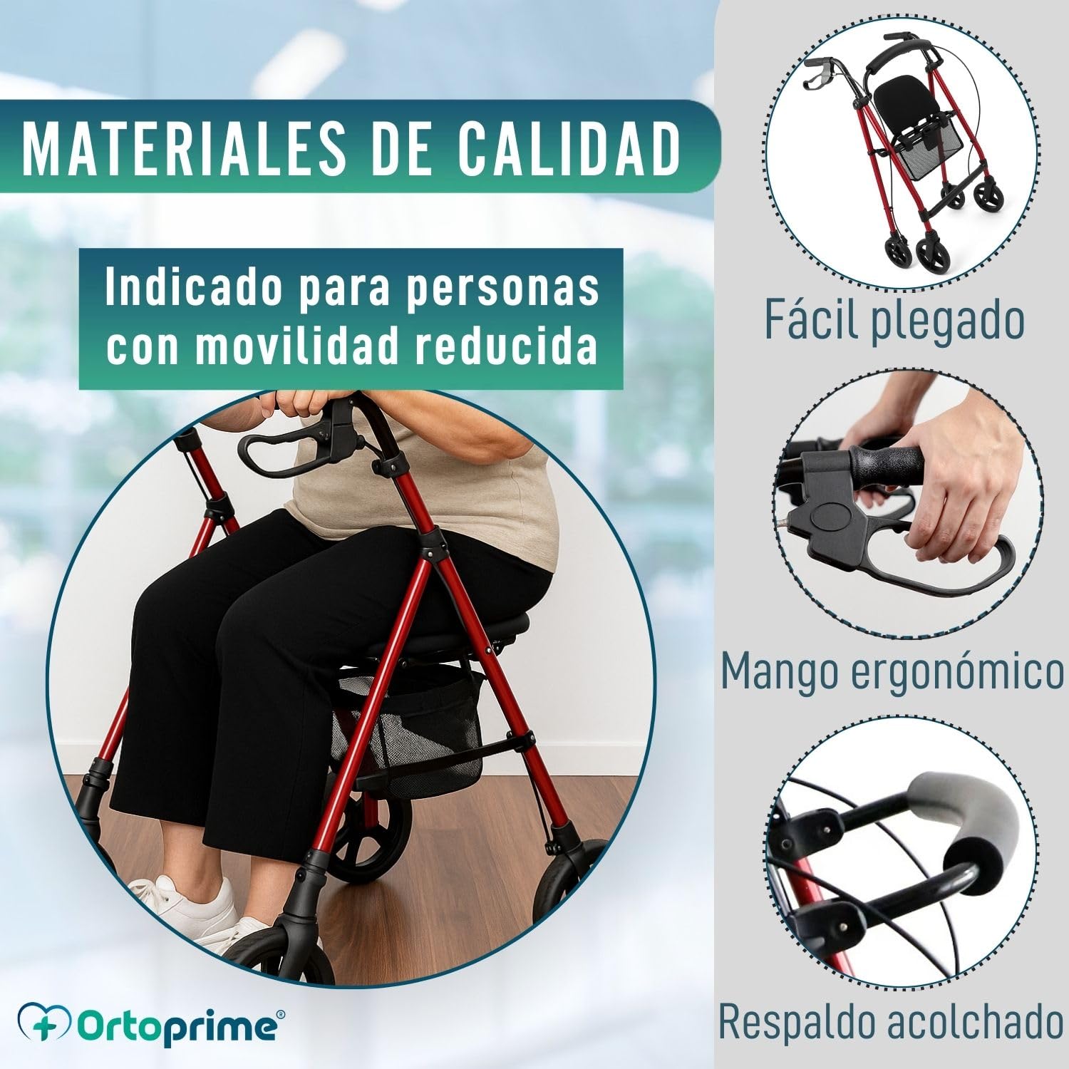 OrtoPrime Andador para Ancianos ASIENTO ALTURA REGULABLE Andador Adultos con Cesta Andadores Adultos PLEGABLE - Andador con asiento Tacataca Ancianos - Caminador Personas Mayores ROLLATOR 4 Ruedas