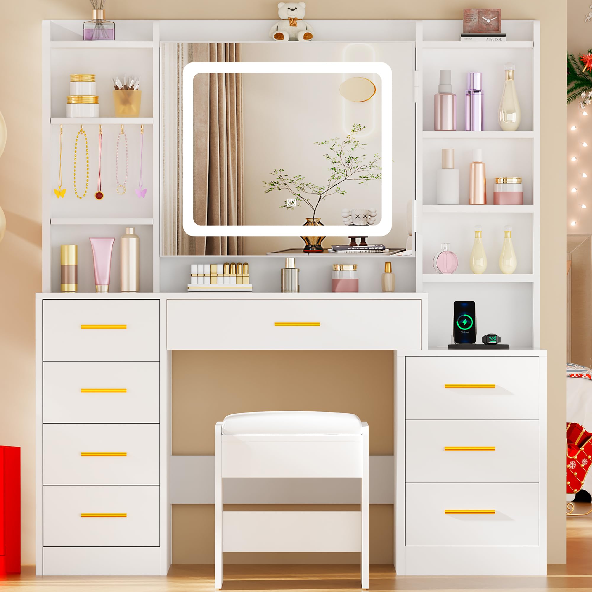 BEWISHOME Grande Toeletta da Trucco con Specchio e Luci, Sgabello e Presa | luminosità Regolabile,Tavolo Trucco con 8 Cassetti e 8 Ripiani Aperti, Moderna Postazione Trucco per Camera da Letto, EFST53M