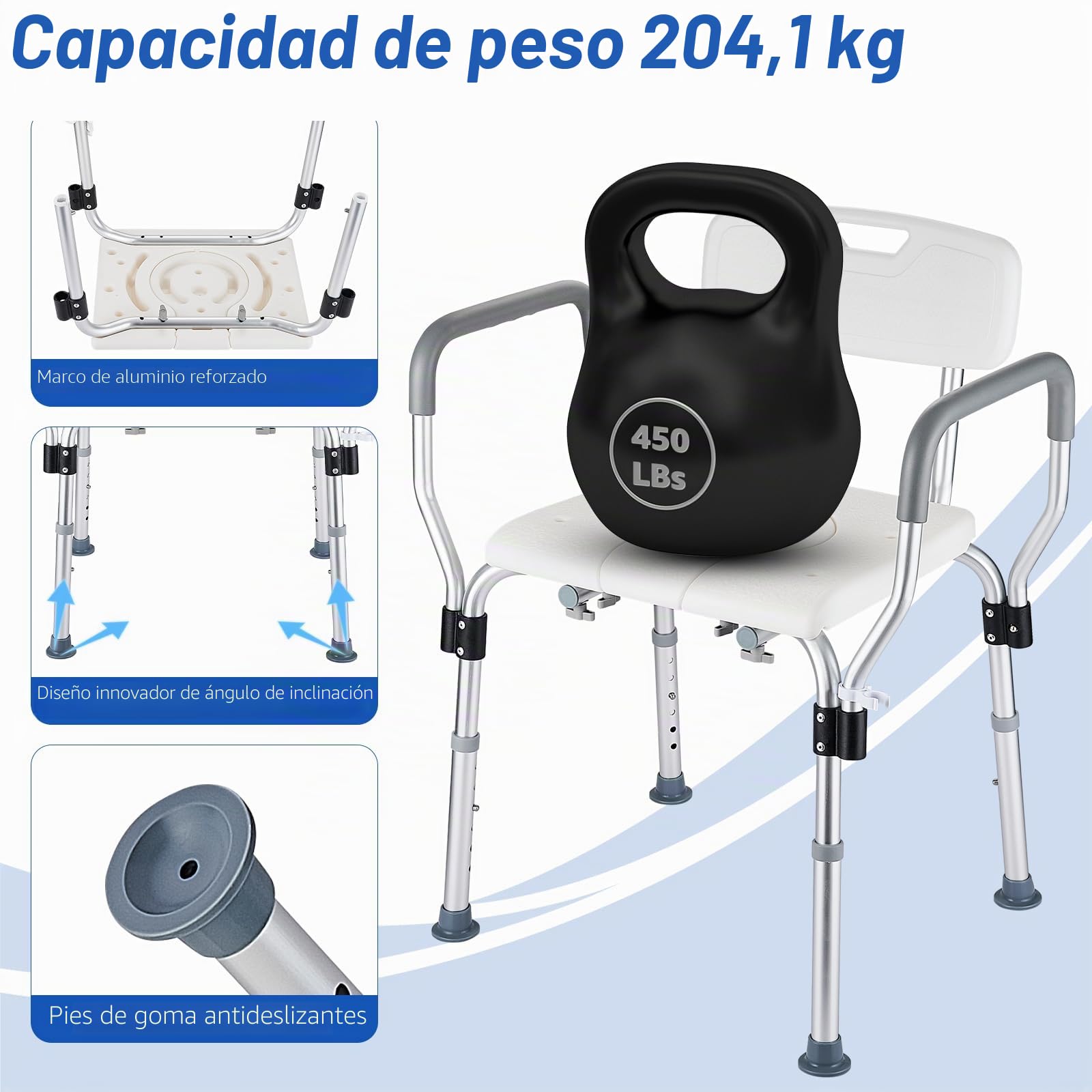 Silla de Ducha para Mayores, Asiento Extraíble en Forma de U para Taburetes de Ducha y Baño con Respaldo y Brazos, Ajustable de 6 Niveles de Ducha Regulable para Ancianos y Discapacitados