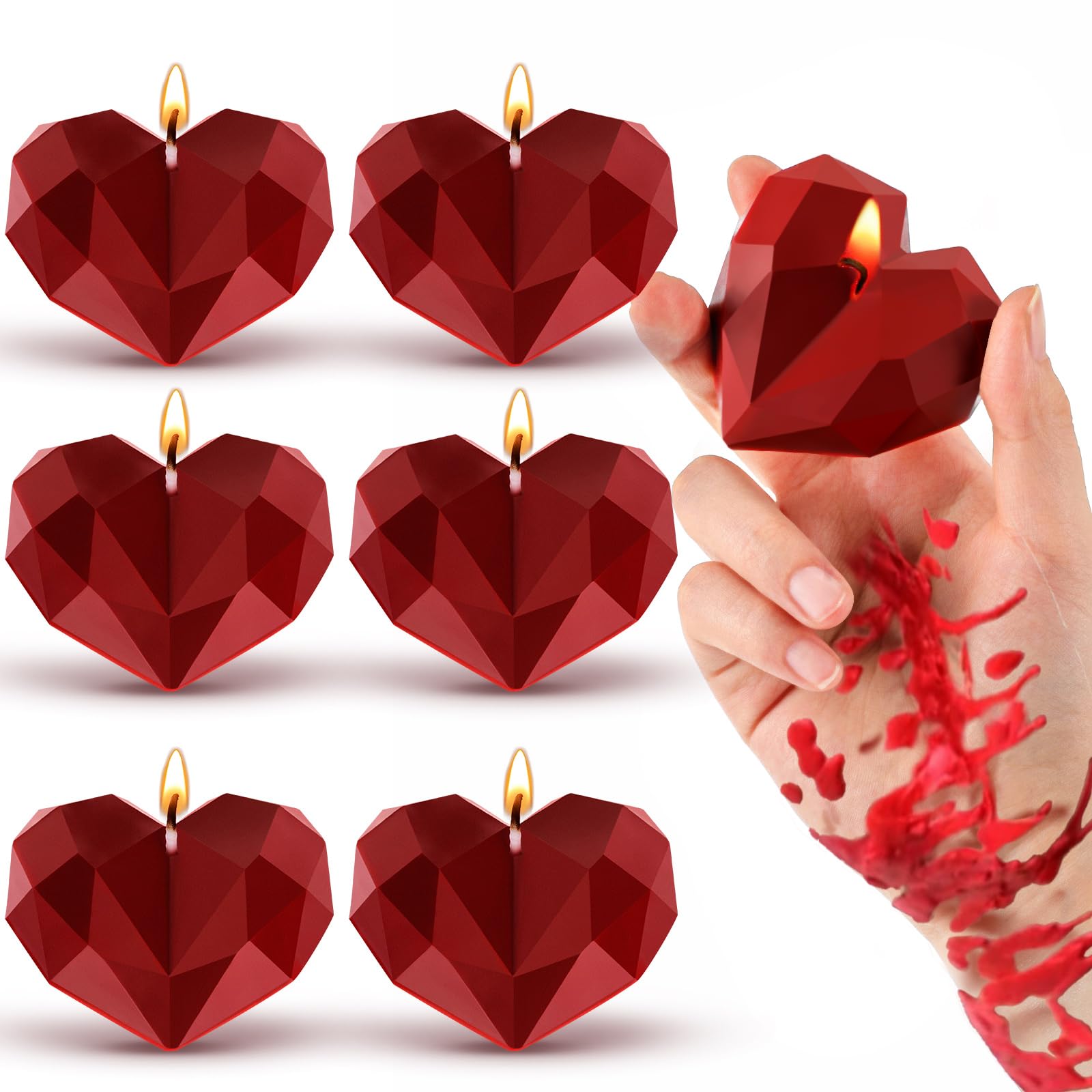 Tisancy 6 Pcs Low Temperature Candles, Romantic Valentine's Day Gifts Candles, Body Safe Wax Low Heat Dripping Play Smokeless Unscented Tea Lights for Valentine's Day Anniversaries Decor(Red, Heart): Red Large 3D Heart