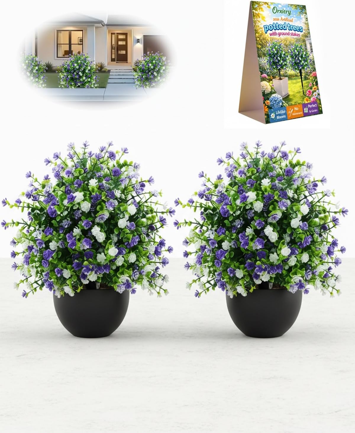 Artificial Potted Trees with Ground Stakes – UV Resistant Camellia Topiary, Lifelike Outdoor Artificial Plants for Front Porch, Patio, Garden, Indoor Home Decor, No Maintenance Faux Greenery(2pcs)