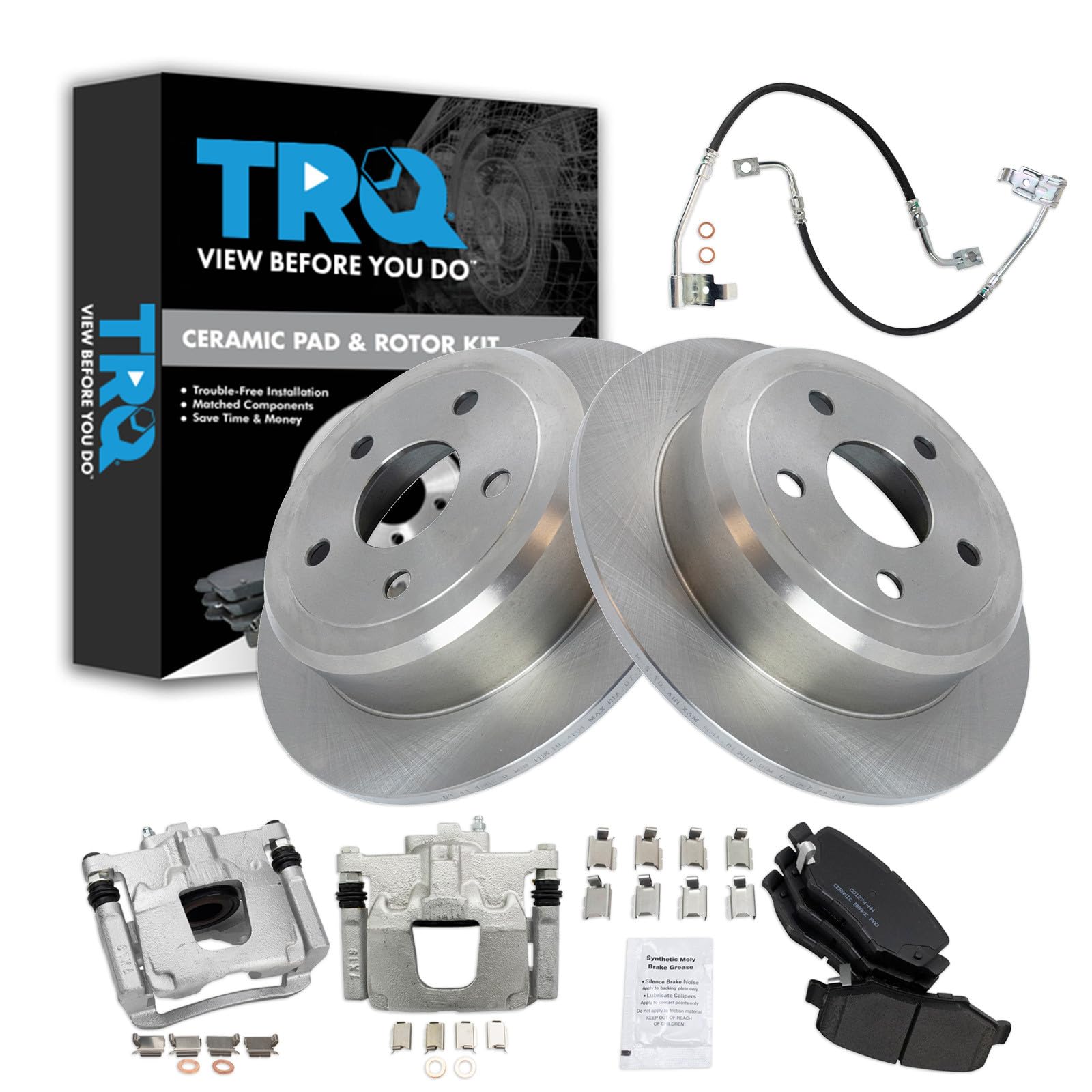 TRQ Rear Brake Pad and Rotor Set Ceramic Rotors Calipers Hoses Compatible with 2008-2012 Jeep Wrangler