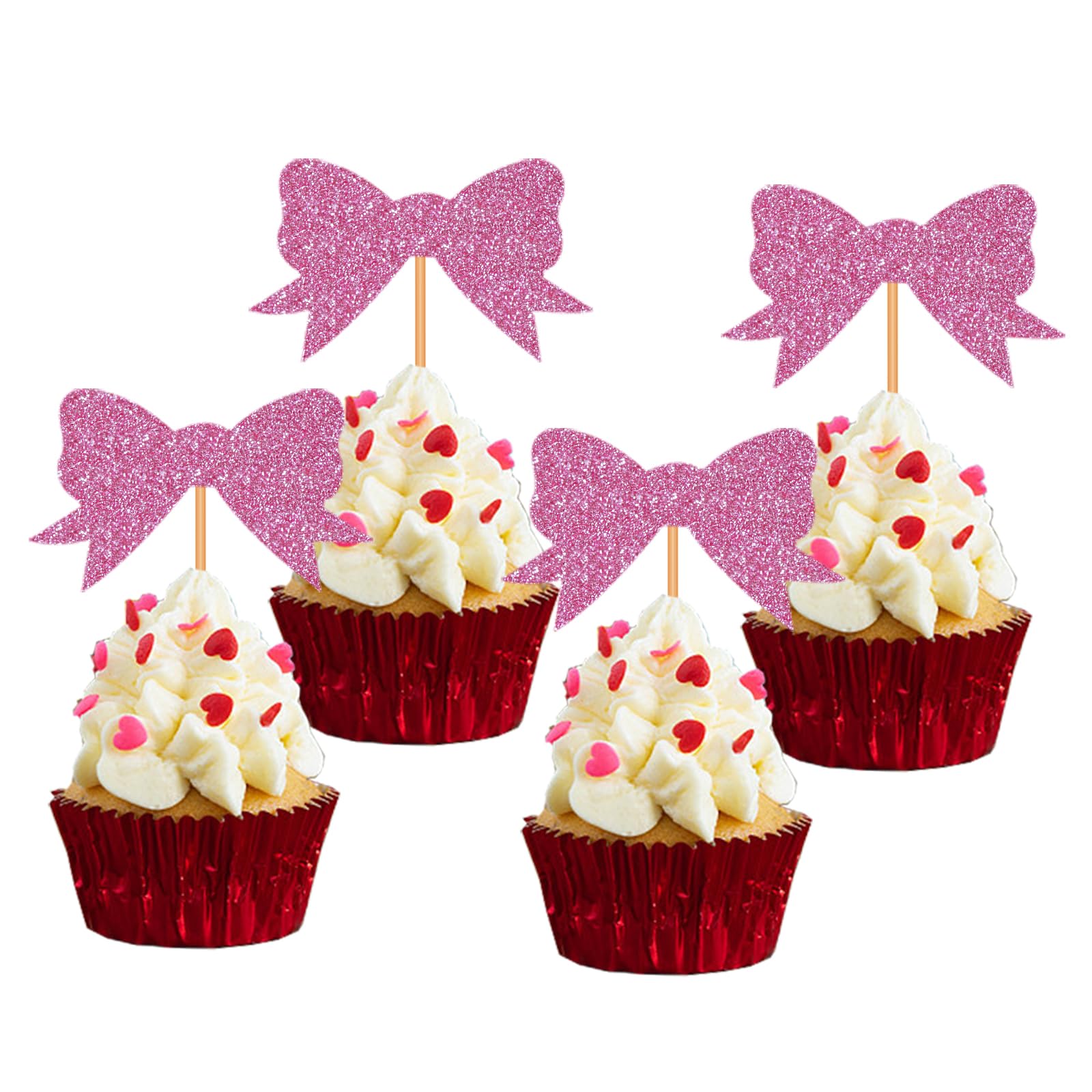 Blopee Pink Princess Cupcake Toppers - 12 Bowknot Decorations for Birthday, Bridal, Baby Shower Parties