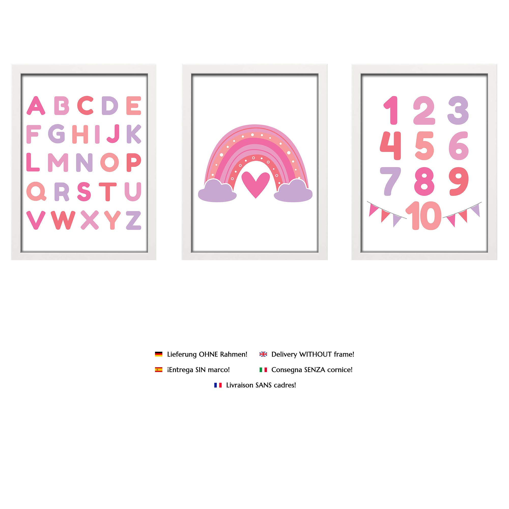 PREMYO 3 Affiche Décoration Murale - Décoration Chambre Bébé Fille - Alphabet ABC Arc-en-ciel Rose Papier Épais A4