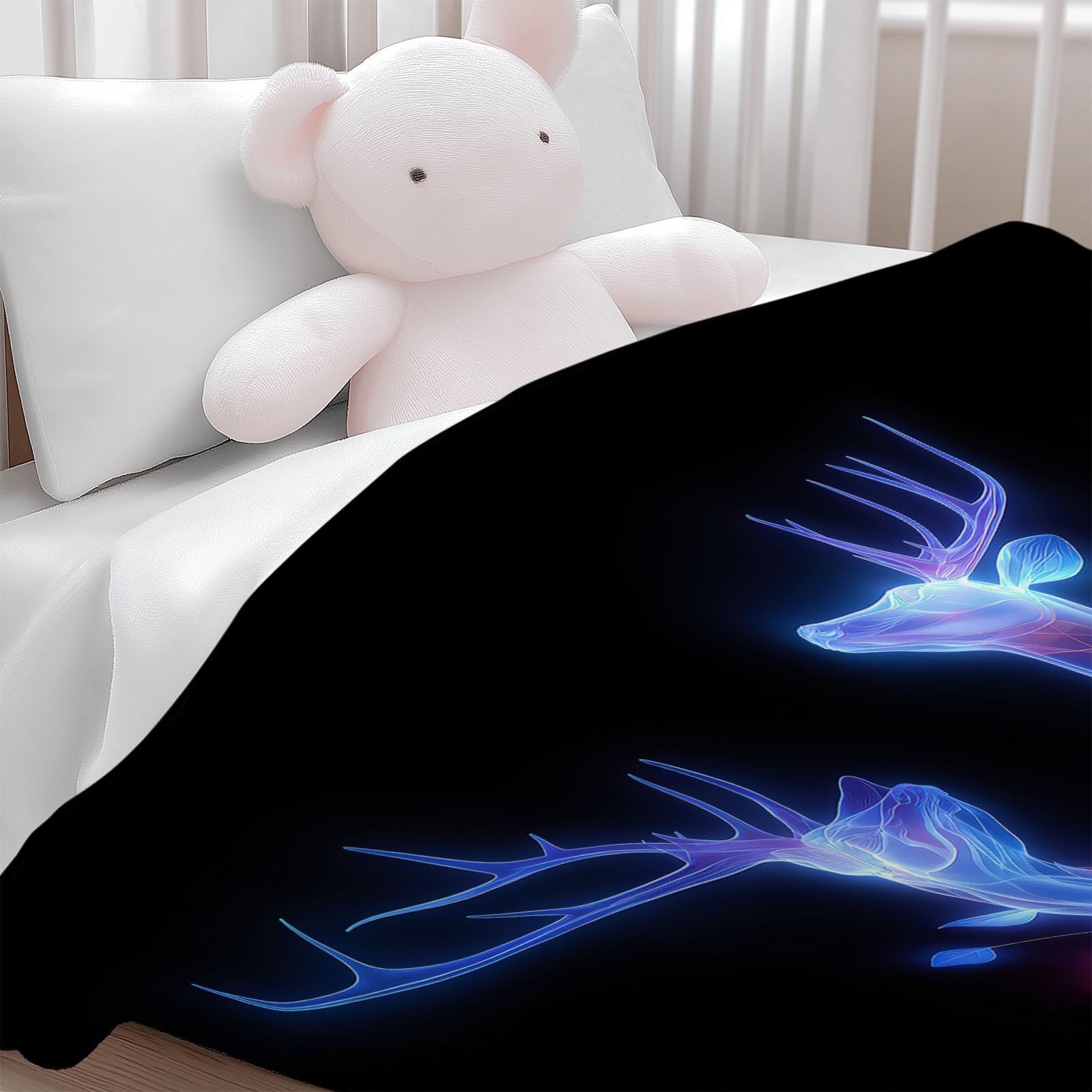 Generico Nero Coperta Plaid in Pile di Flanella Arte Digitale Cervo Al Neon Morbida Leggera Coperta 180 x 220 cm - Adatto per Letto Divano Campeggio Viaggio Sedia a Sdraio