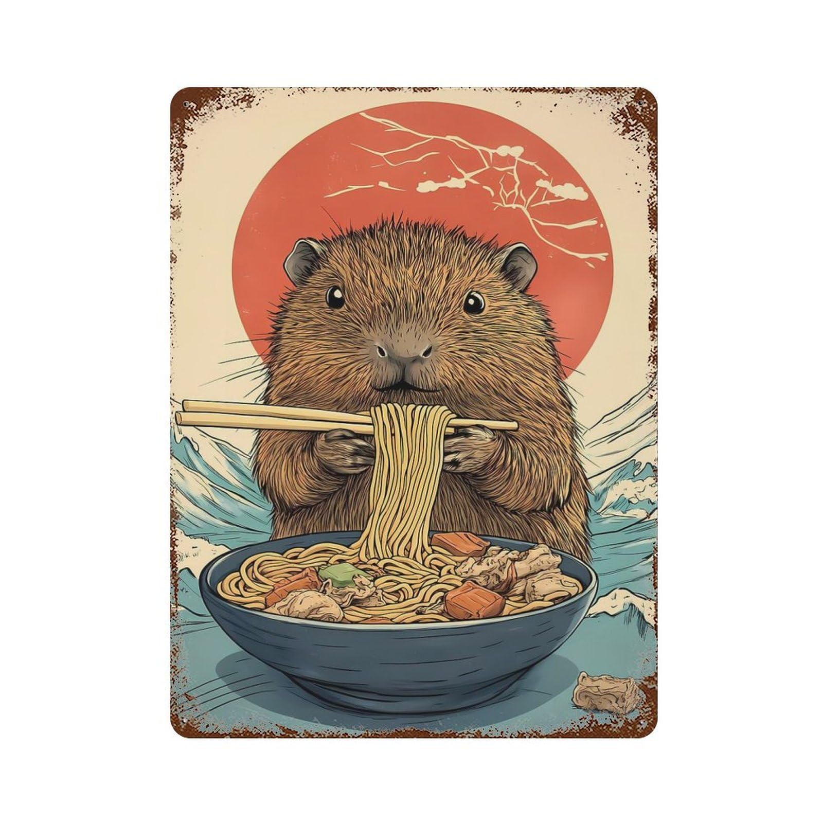 Vintage Metal Tin Sign Ramen Eating Hamster Capibara 15.7"x11.8", Industrial Home Decor for Farmhouse, Kitchen And Entryway Decor