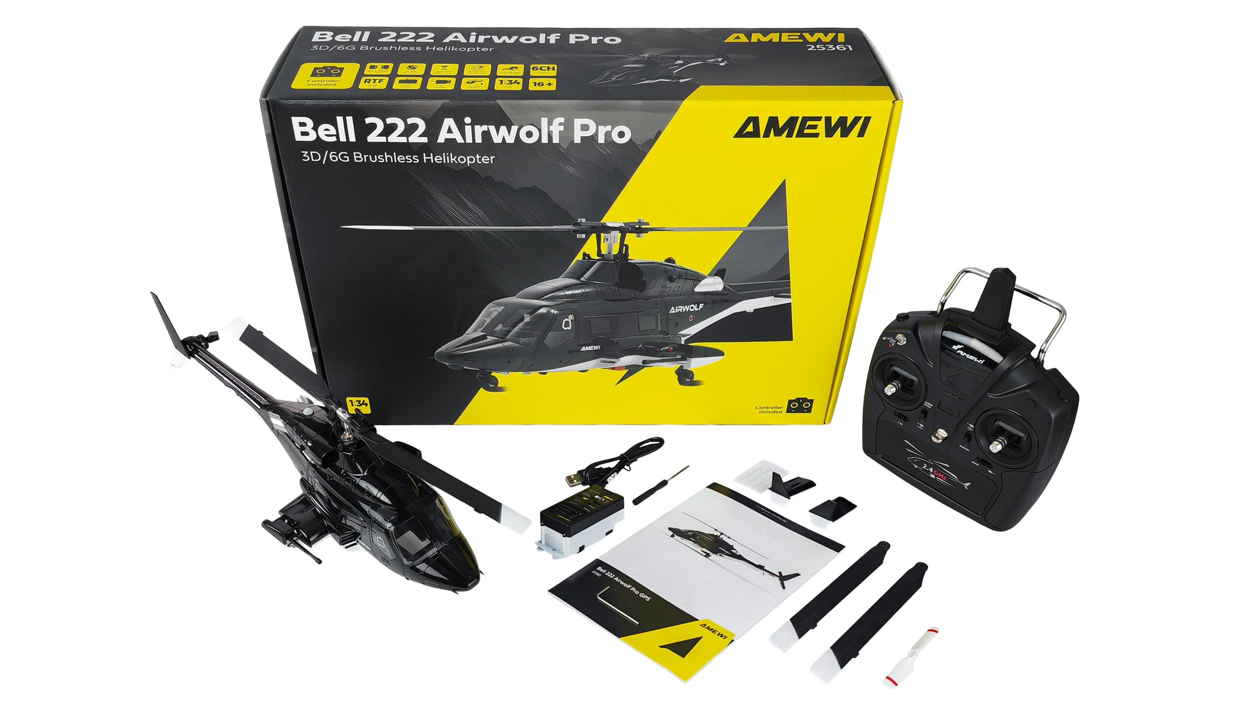 Amewi Bell 222 Airwolf Pro - Elicottero a 6 canali 3D/6G RTF telecomandato RC