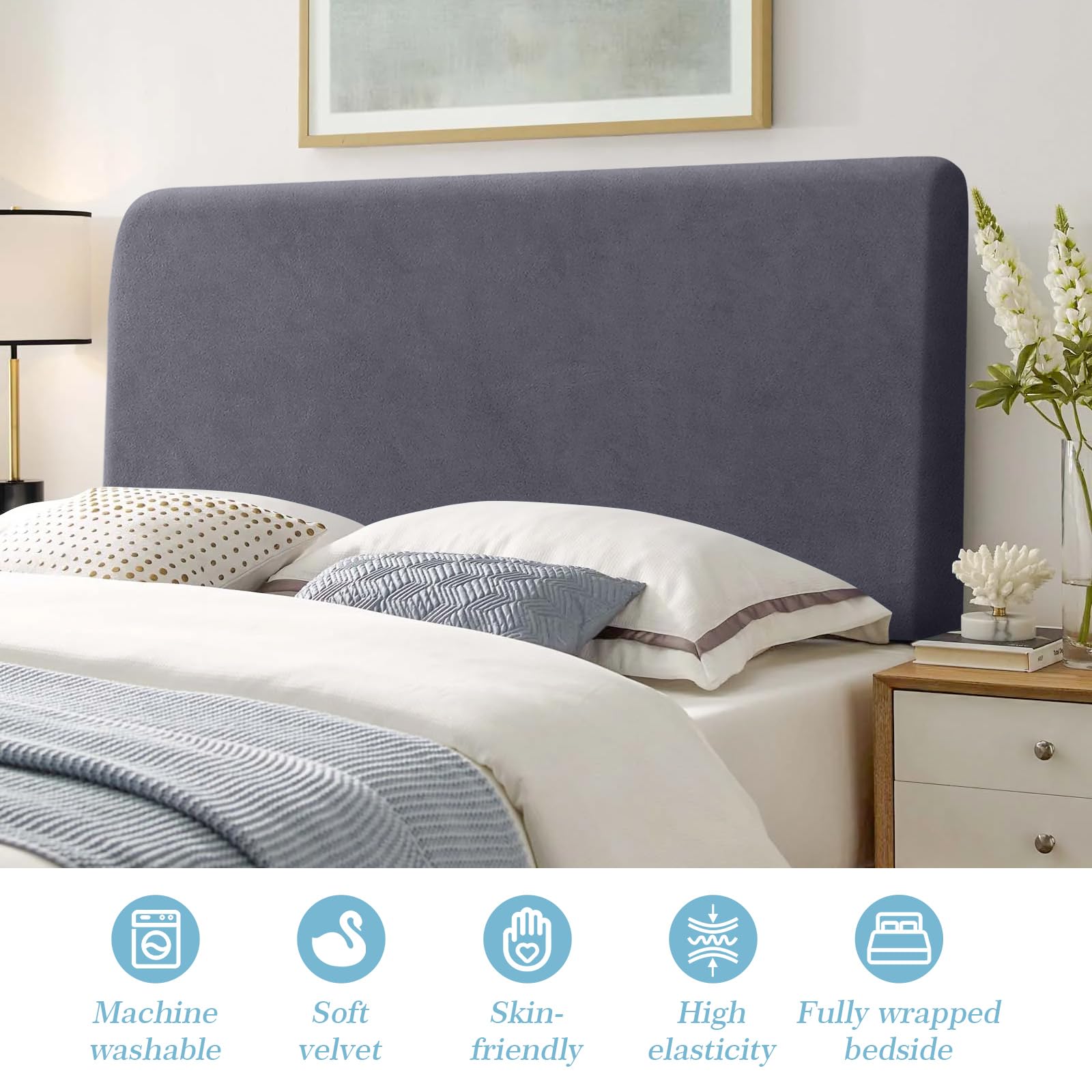 TAOCOCO Copri Testiera Letto, Testiera Letto Matrimoniale, Copritestiera Elastico, Morbido Tessuto Velour Stretch, Lavabile, Design All-In-One, Grigio 120-140 cm