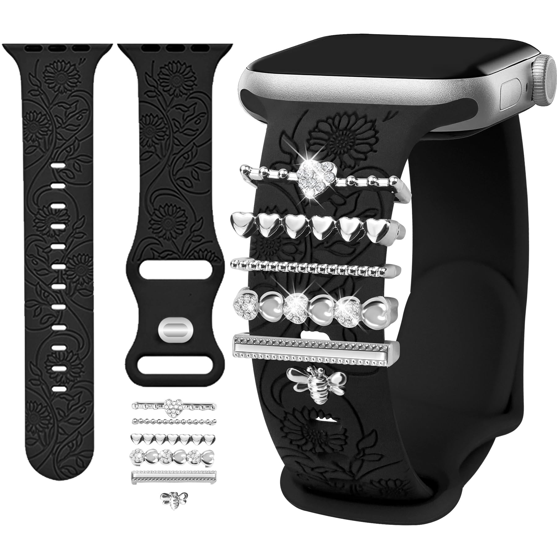 JR.DM Watch Band Charms (with Band) Compatible with Apple Watch Band 42mm 44mm 45mm 49mm Women, Sunflower Silicone Band & Cute Decorative Apple Watch Charms for iWatch Series 9 8 7 6 5 4 3 2 1 SE