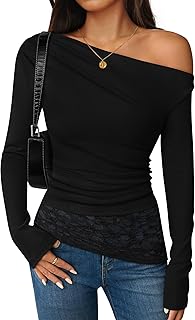 Camisetas de manga larga con hombros descubiertos para mujer, otoño, 2025, casual, cuello barco, encaje, ajustadas, para salir, Y2K, blusas