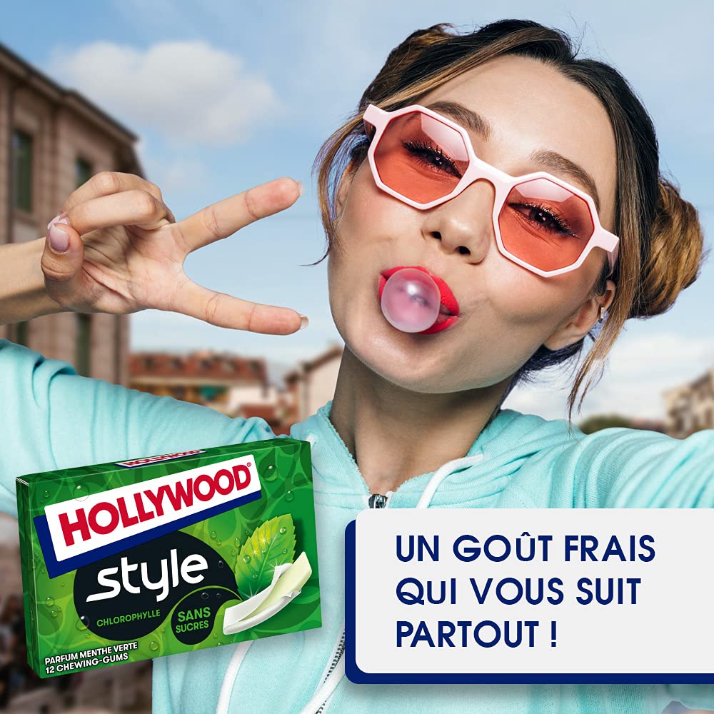 Hollywood Chewing Gum Style Parfum Chlorophylle Sans Sucres Lot 18 paquets 12 gums 23 g