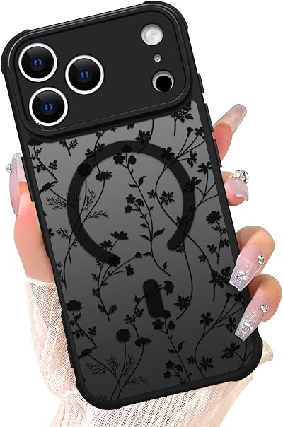 Magnetic Case for iPhone 17 Pro Max [Compatible with MagSafe] Cute Black Flower Floral Case for Women Girls Soft TPU Bumper Hard PC Anti-Fall Shockproof Protective Slim Cover A9