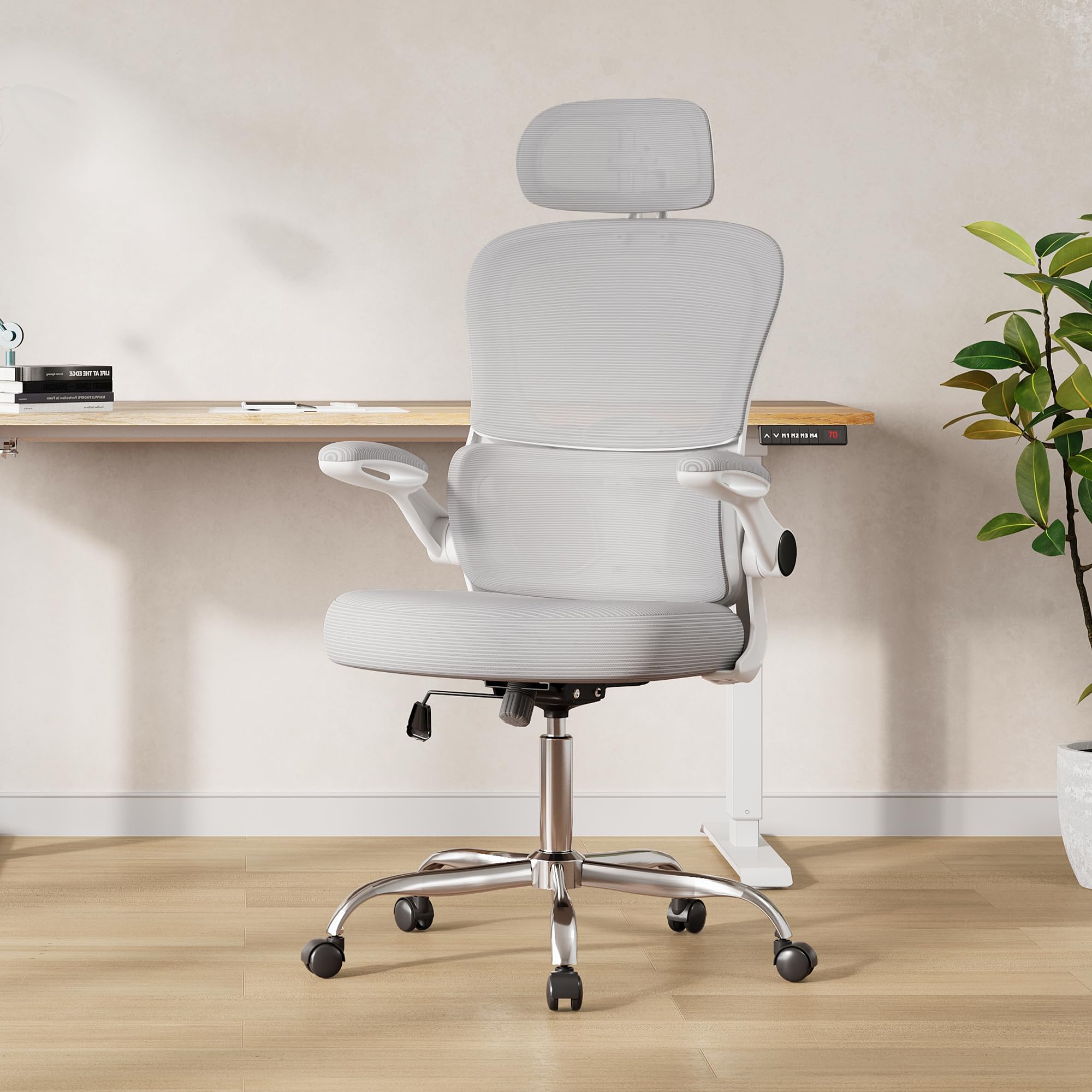 DEVAISE Bürostuhl Ergonomisch, Schreibtischstuhl mit Lendenwirbelstütze, 3D-Kopfstütze, 90° Klappbaren Armlehnen und Atmungsaktivem Netzrücken, Wippfunktion für Büro & Homeoffice, bis 150kg