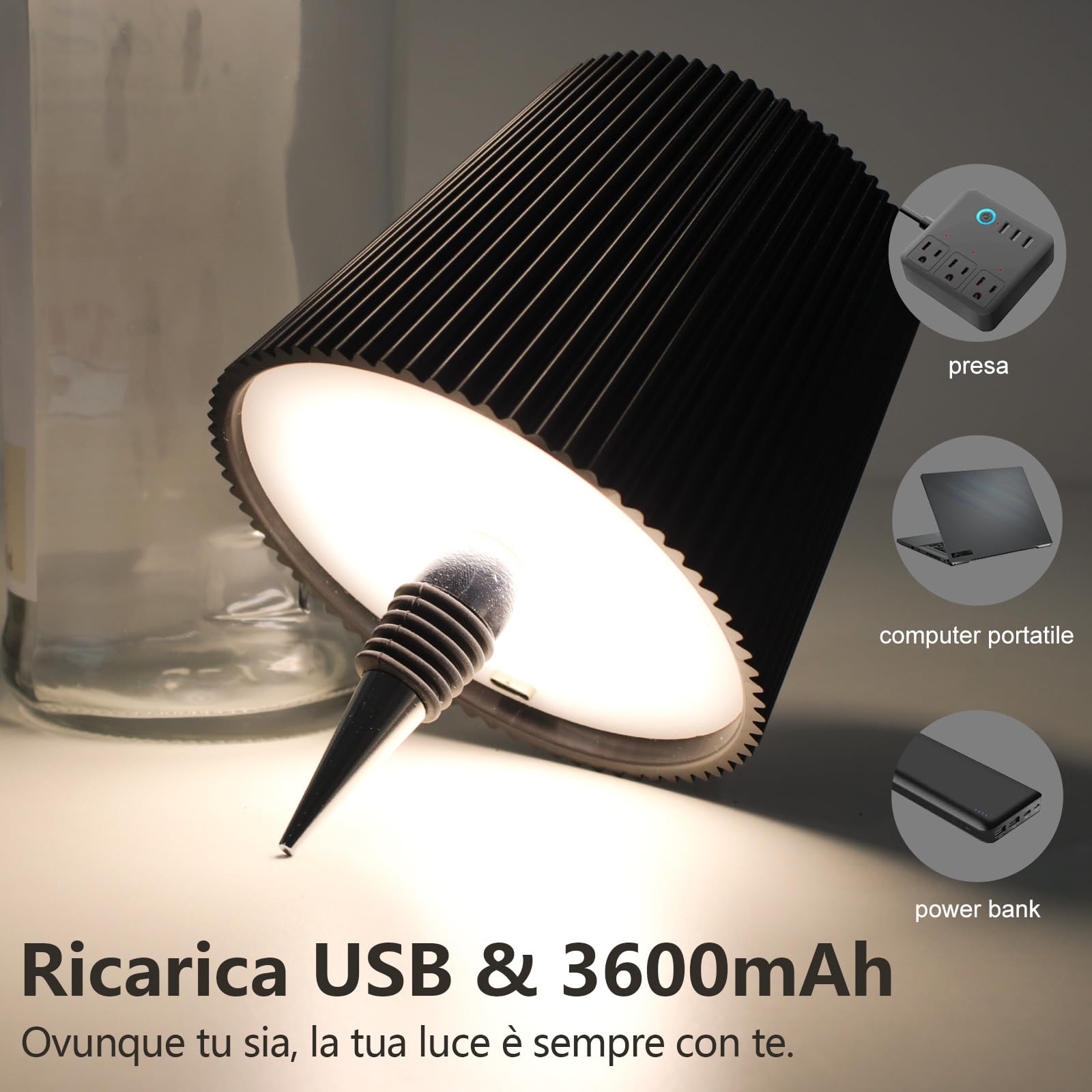 Beaeet Lampada da Tavolo a Bottiglia Senza Fili Ricaricabile via USB, con 3 Colori e Luminosità Regolabile, Ideale per Camera da Letto, Terrazza o come Regalo per le Festività, Bottle Lamp nero