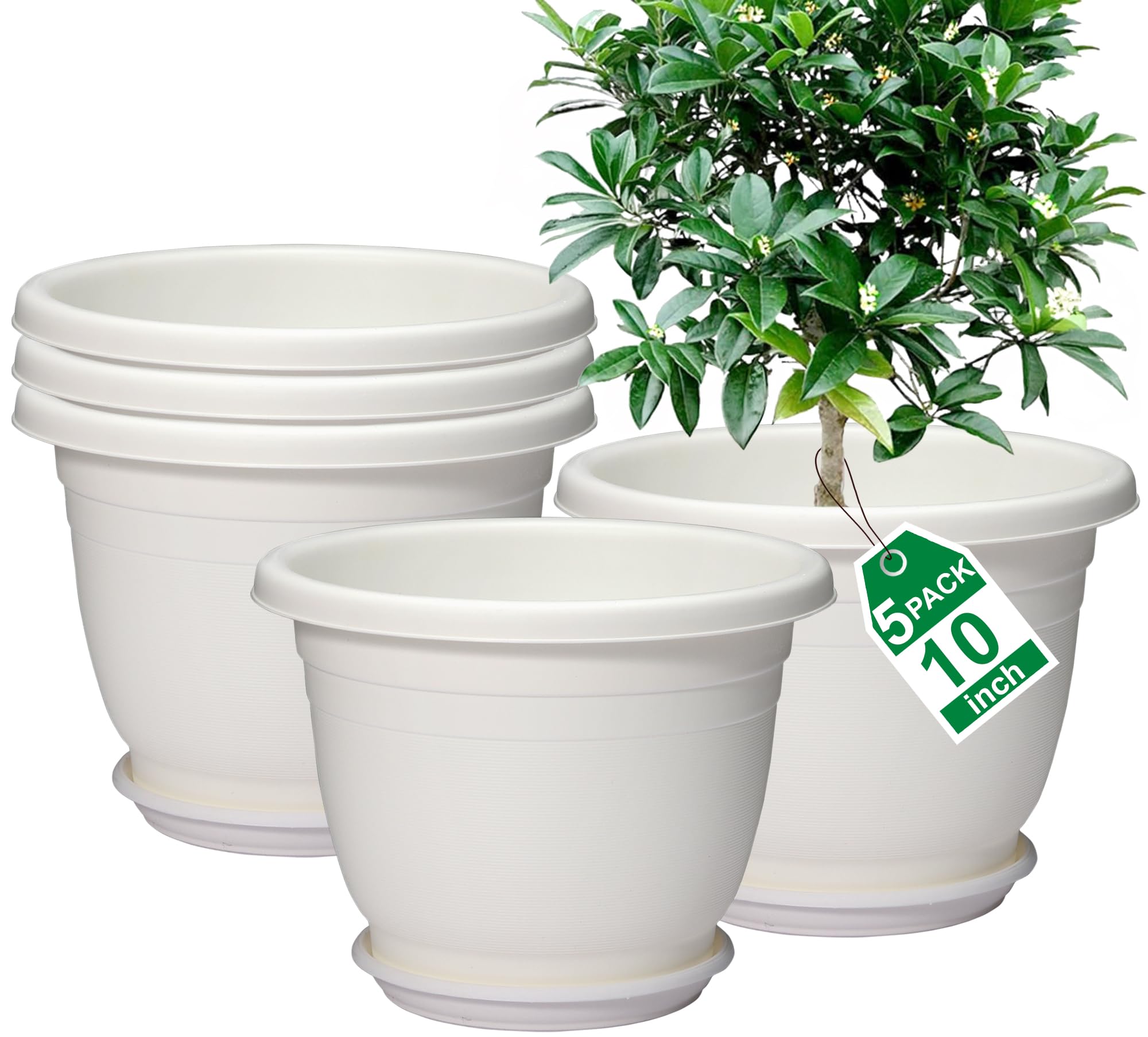 Shineloha 5 Packs 10 inch Plant Pots + Saucer, Planters for Indoor & Outdoor Plants with Drainage Holes | Plastic Flower Pots, Large Planter (Beige,