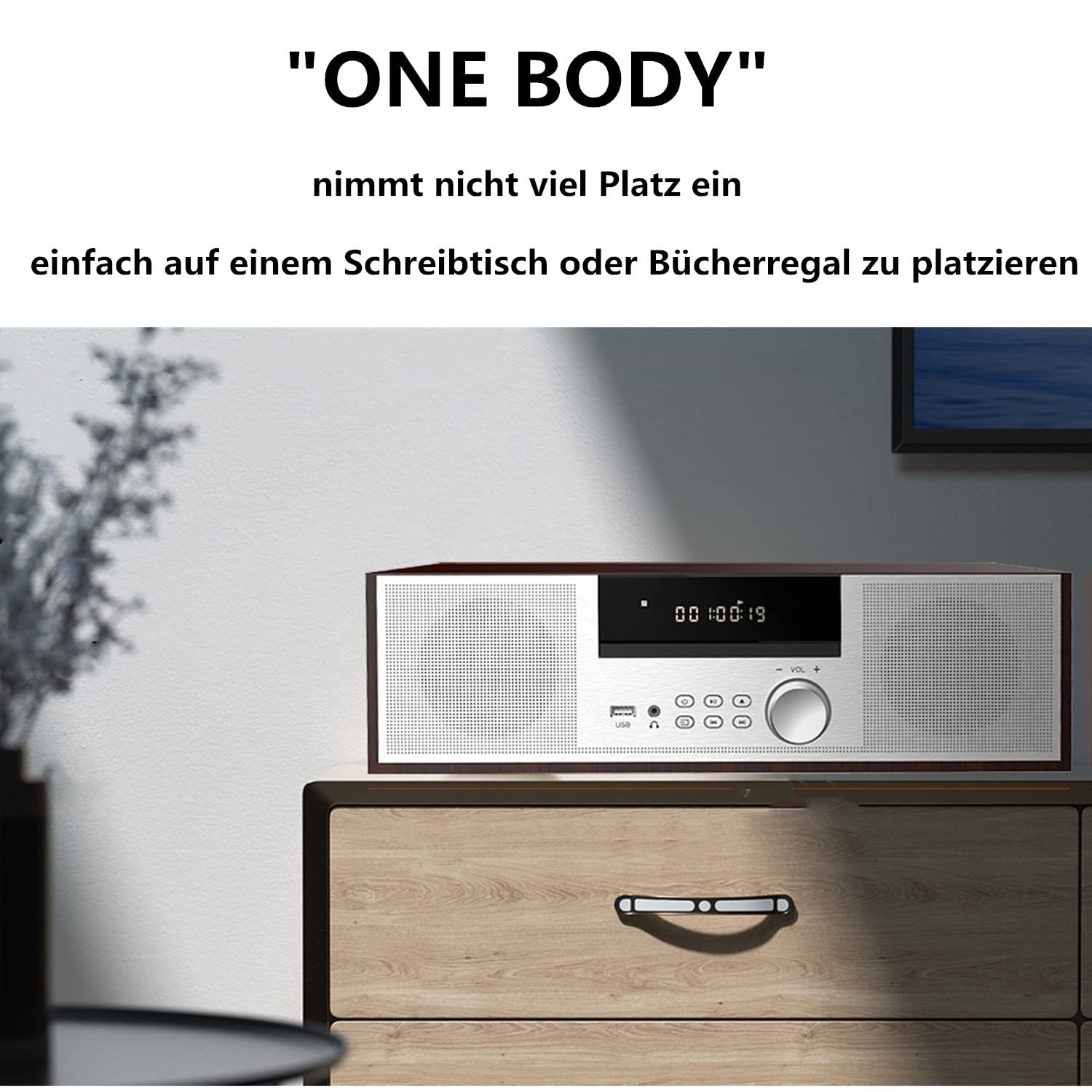 Jahrgang Micro HiFi-System CD-Stereoanlage Mini-Komponente 40W RMS CD-Player UKW/Bluetooth-kompatibel/USB/AUX/Fernbedienung/Kopfhörerbuchse Kompatibel mit hochauflösender Klangquelle,Silber,hölzern