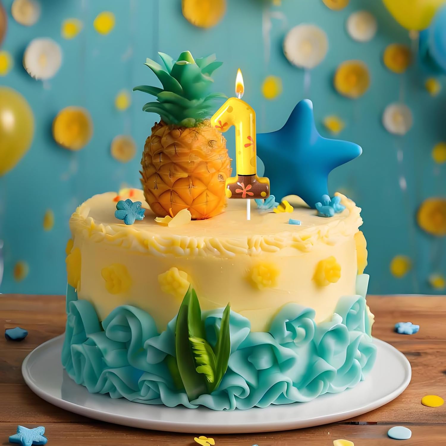 Number 1 Birthday Candle, 1th Birthday Cake Decoration, Playful Yellow and Polka Dot Print, Suitable for Ocean Cartoon Theme Party Supplies and Celebration Decorations (Yellow 1)