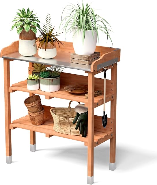 GiantexUK Wooden Potting Table, Garden Planting Bench with 2 open shelves and Metal Tabletop, Outdoor Flower Plant Workstation for Patios, Courtyards & Balcony, 77 x 37 x 89cm
