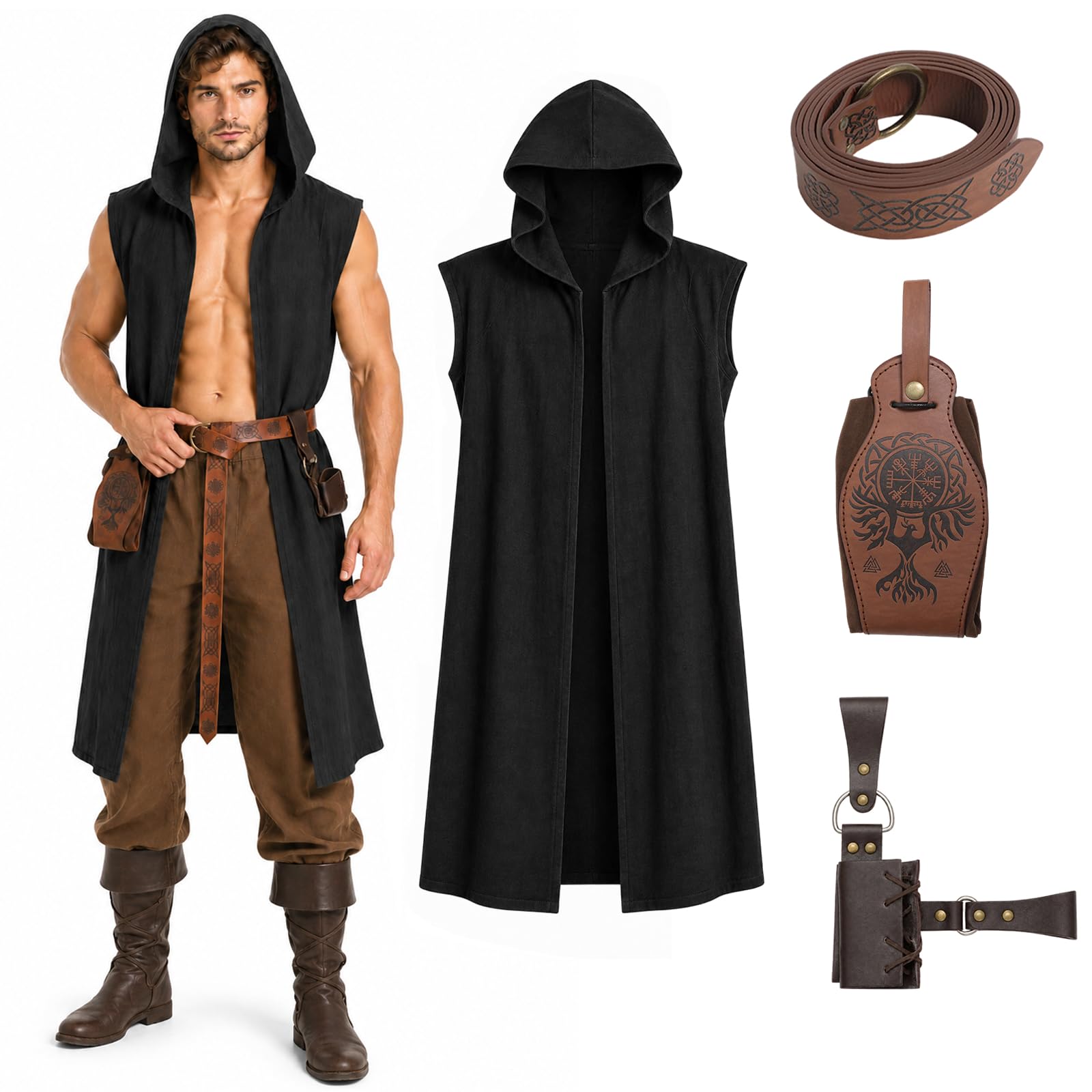 ZZXIAOJIE 4Pcs Renaissance Surcoat Hooded Men Medieval Viking Accessories
