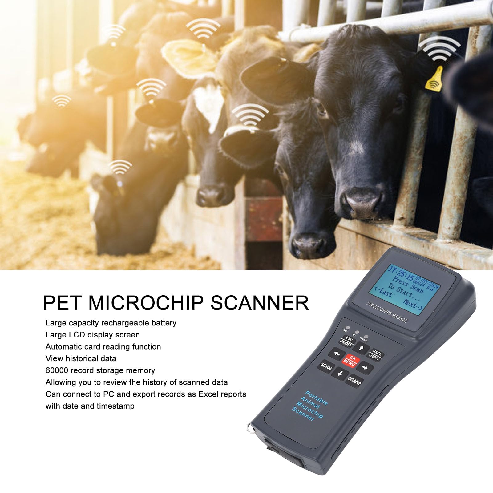 Scanner Per Microchip Animali Naroote – LF 125kHz/134.2kHz, 60000 Record, Ricaricabile, Con USB E LCD