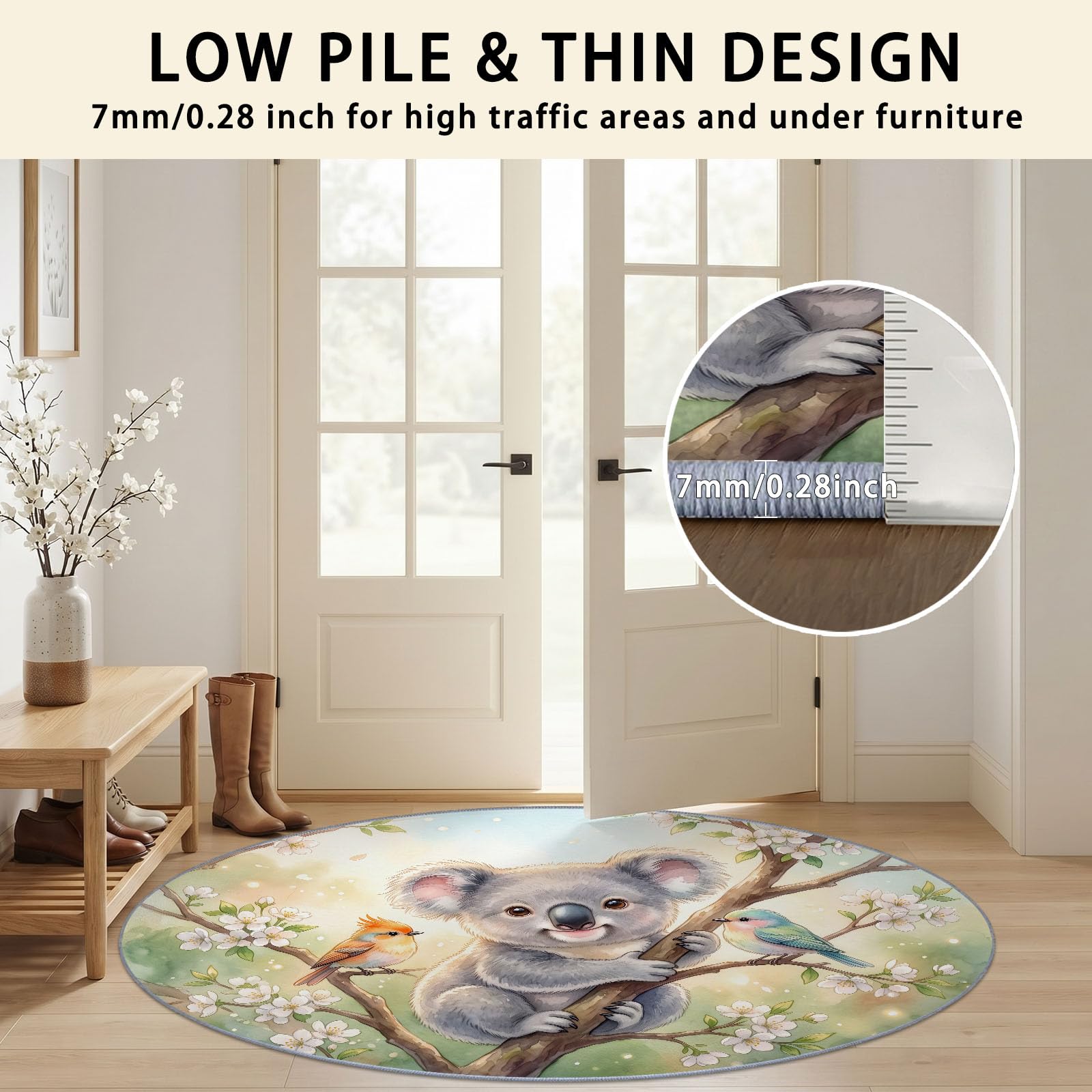 Alfombra redonda de 120 cm con diseño de koala y pajarito, diseño de animales y pájaros, lavable, alfombra de juegos para bebés, niños y niñas, alfombra de suelo antideslizante, suave, colorida