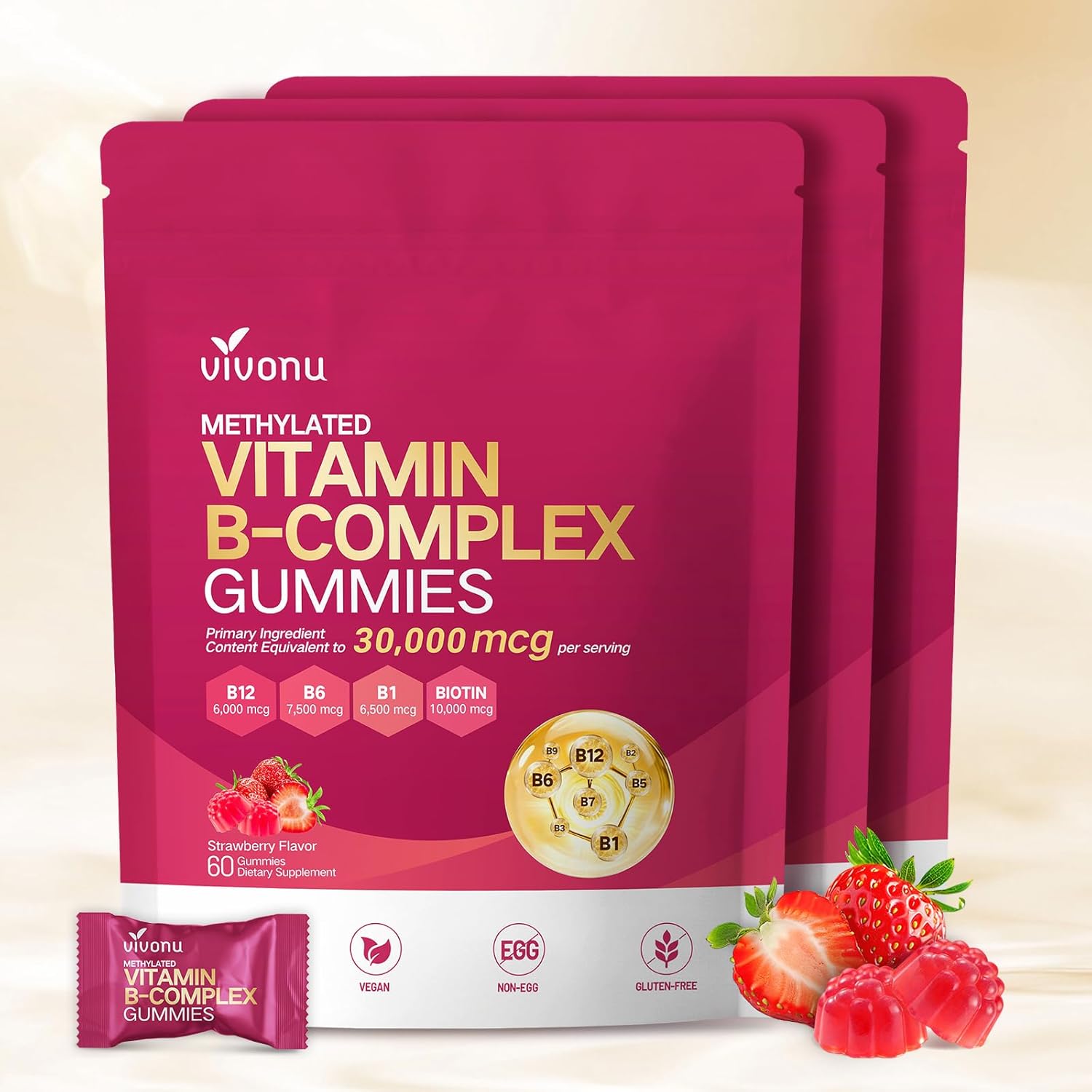 VivoNu Vitamin B Complex Gummies, 6000 mcg Methylated Vitamin B12, with B6 B1, B2, B3, B5, B7, Methylfolate, Vitamins A C D E, Vegan, Non GMO, Methylated B Complex Vitamin (3 Bag)