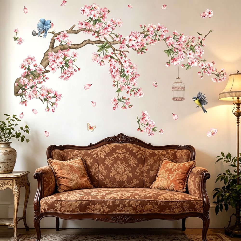 3/4PCS Floral Bird Wall Decals, Self-Adhesive Green Leaf Blossom Wall Stickers, Peach Blossoms Wall Decal for Bedroom Living Room Sofa Background Decor