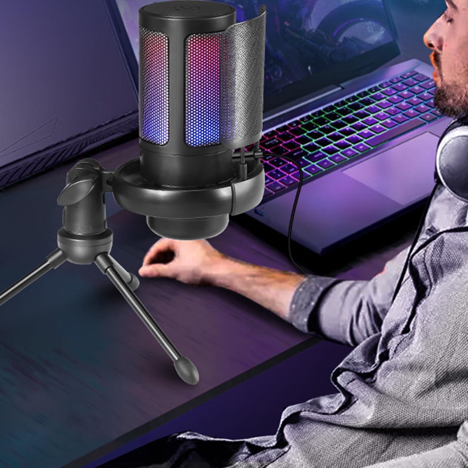 Microfono da gioco regolabile con illuminazione a colori a condensatore Mic 192kHz per PC Laptop Streaming Podcast Canto