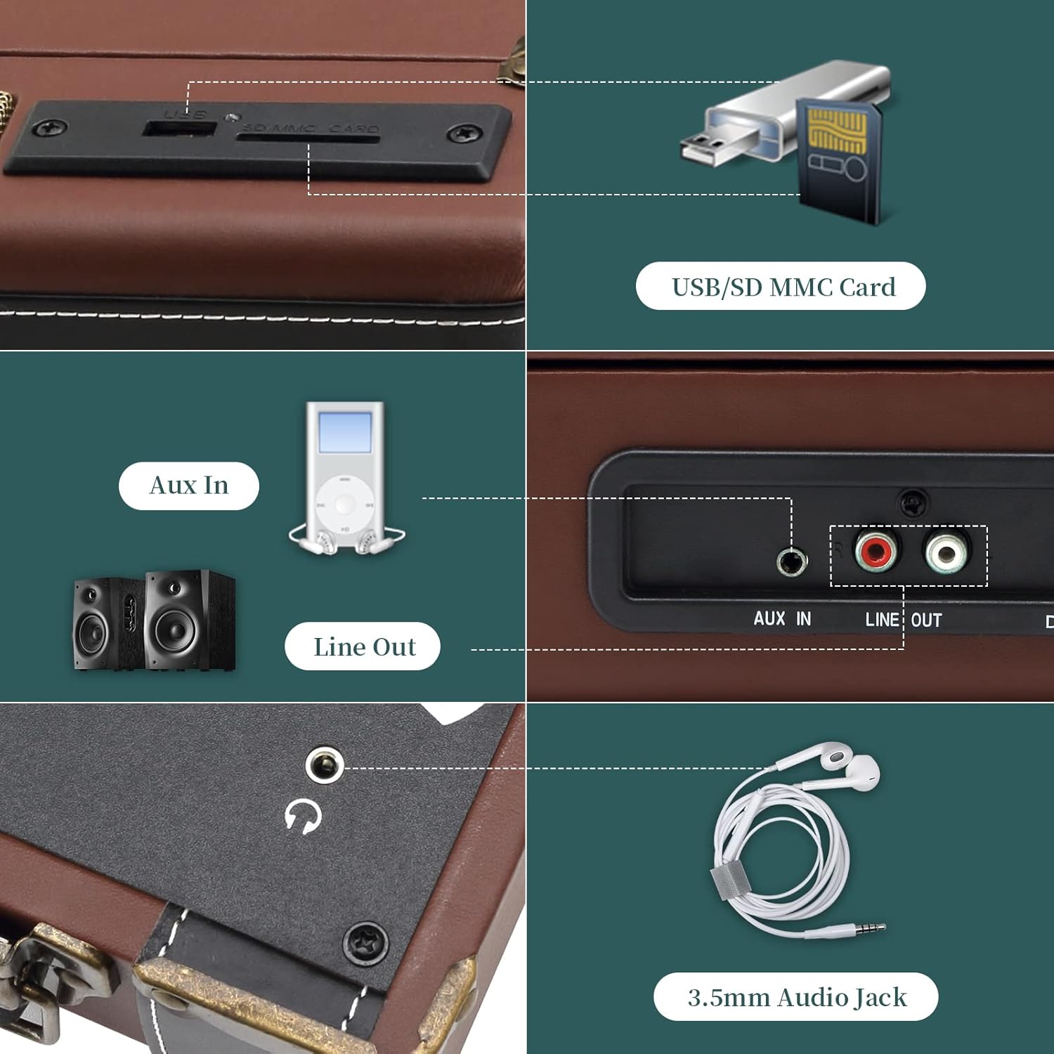 Musitrend Giradischi Vintage 3 Velocità Con Bluetooth Usb Sd/Mmc Valigia Lettore di dischi portatile 33/45/78 Giri/Min Aux In Uscita Linea Jack Rca Per Cuffie 3,5mm Marrone - Immagine 2