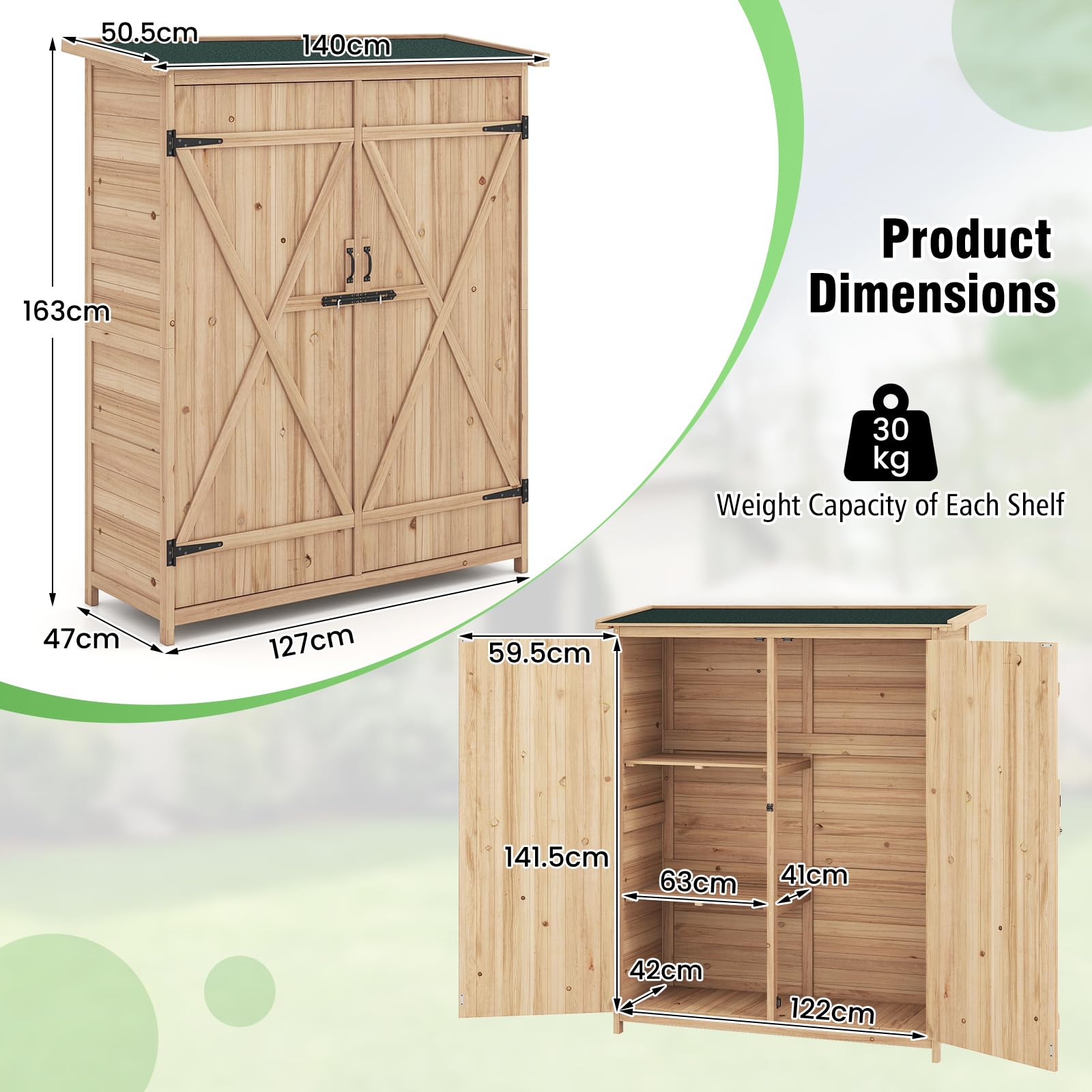 HOMASIS Cobertizo de jardín de Madera, Cobertizo de Herramientas Exterior con estantes Resistente, Caseta de Herramientas con Techo Inclinado, Puertas con Doble Cerradura, Natural (140 x 51 x 163 cm)