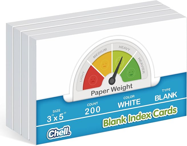 Chell 200 Count 3x5 Inch Heavyweight Blank Index Cards, Unlined, White | No Bleed-Through, Double Side Unlined, Made of 74 lb. Cover Weight Paper