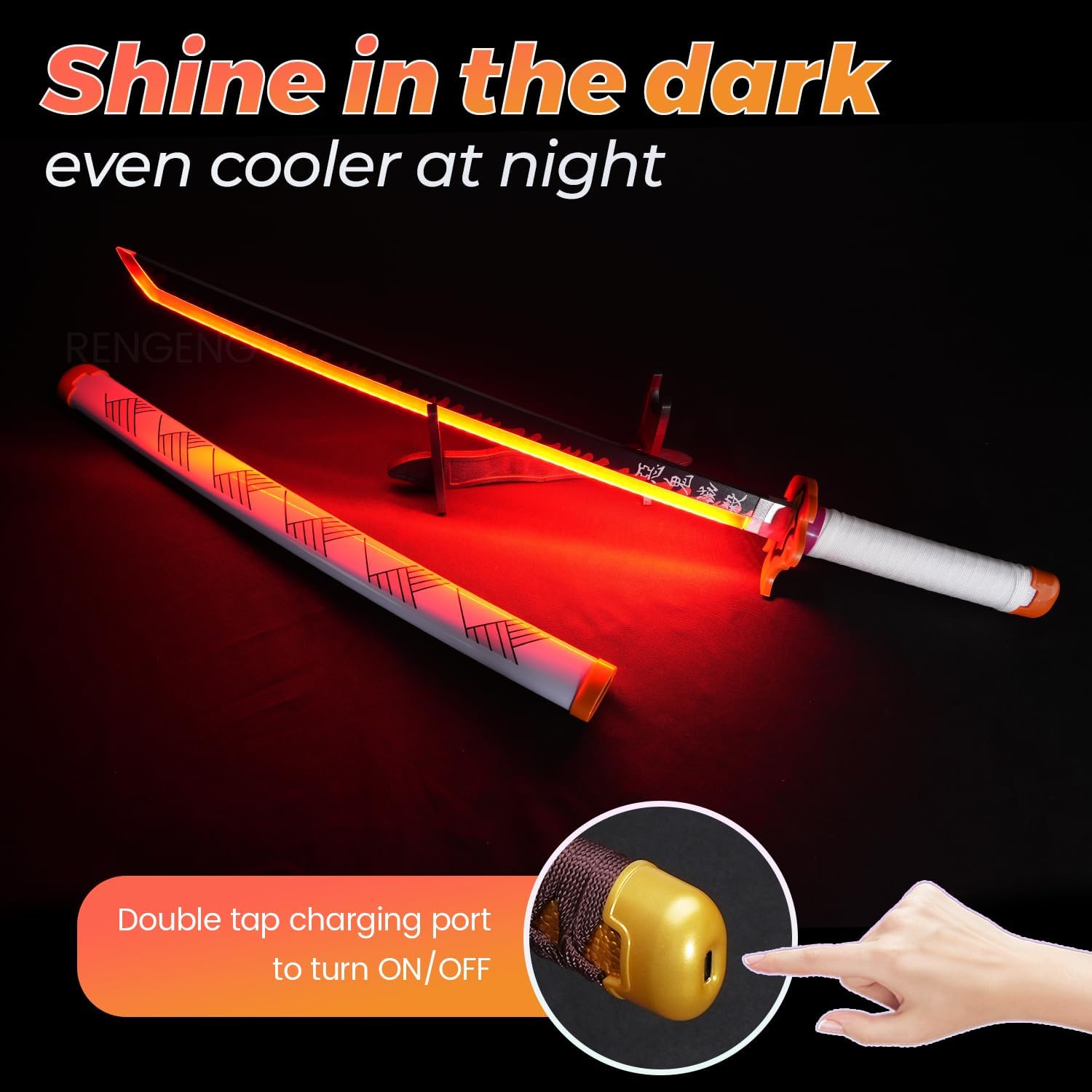 RENGENG Light Up Sword, 30 Inches Short for Kids, Rechargeable Pre-Assembled Plastic Replica with Belt & Stand & Spinner, Original Texture Sword