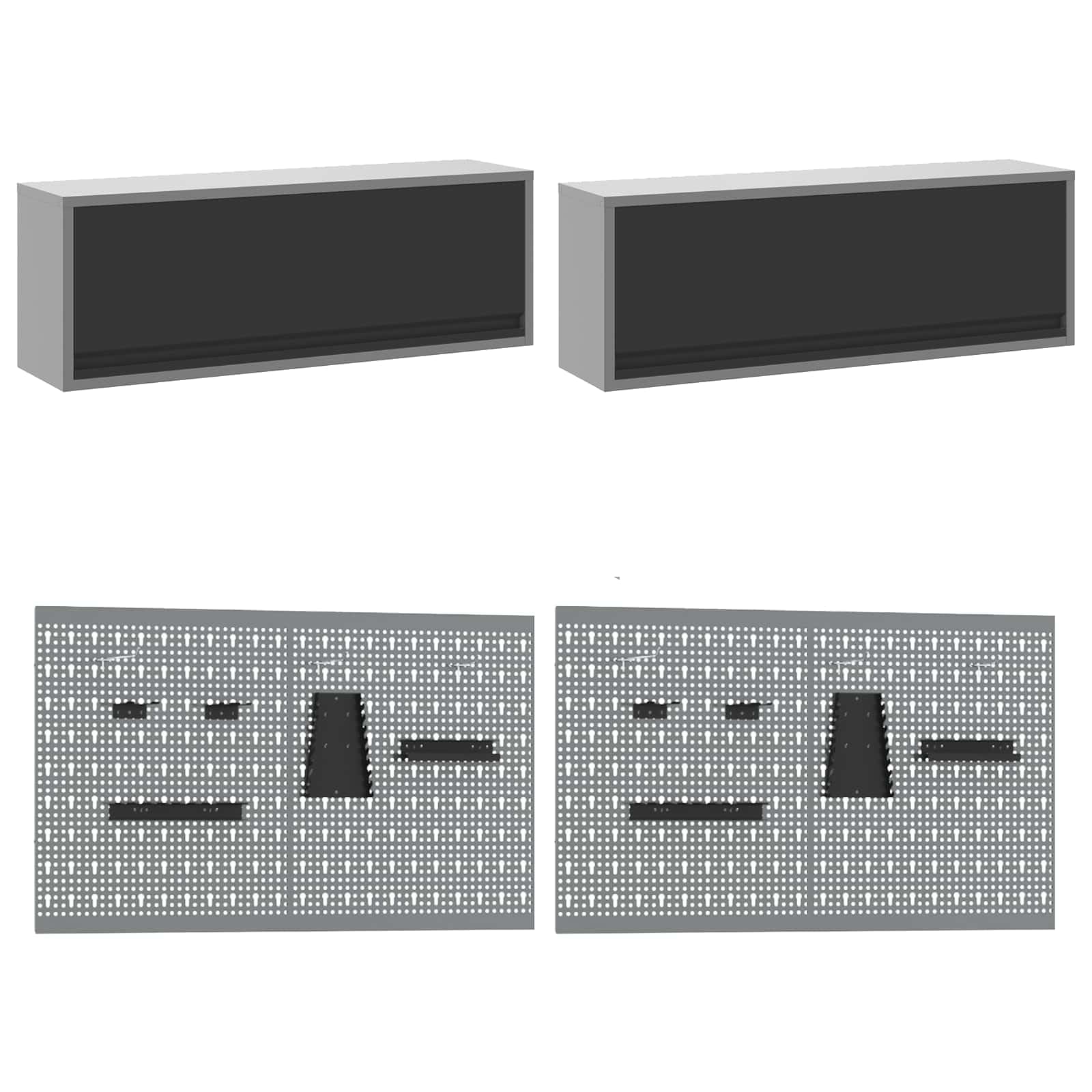 Zestaw szafek roboczych z 10 szufladami ze stali malowanej proszkowo i materiału drewnopochodnego, kolor czarny, 200 x 55 x 200 cm, łącznie z wózkiem warsztatowym i ścianką perforowaną