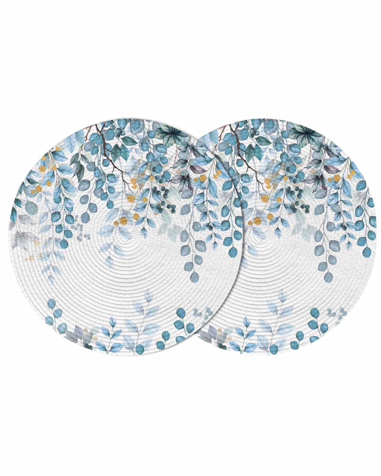 Round Placemats Set of 2 Teal Blue Eucalyptus Leaves Place Mats Washable Woven Placemat Berry Branch Leaf Plant Circle Braided Heat Resistant Table