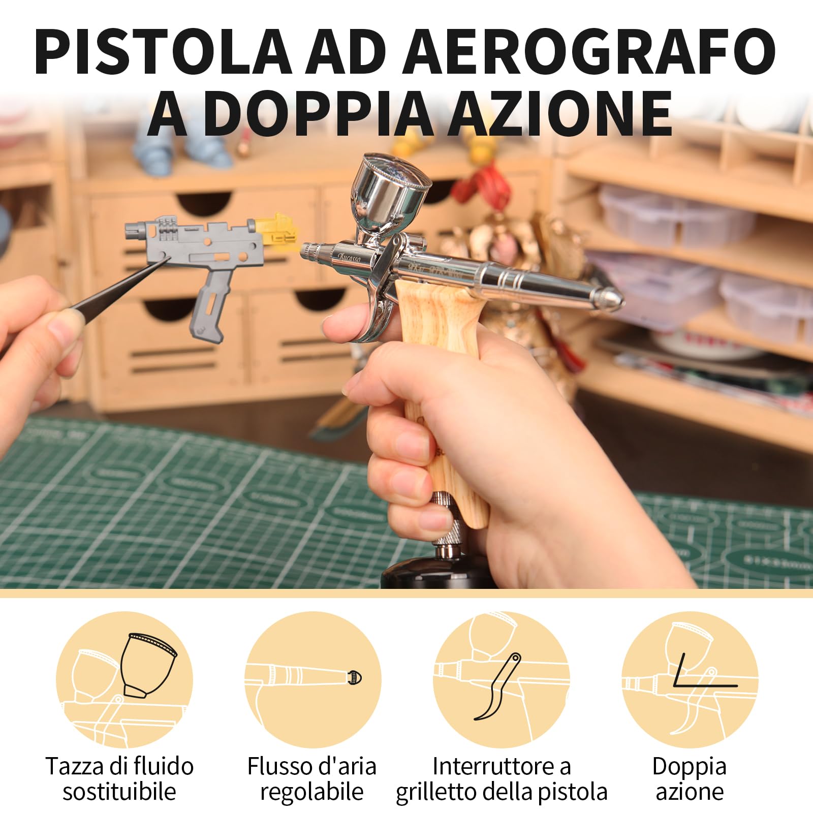 Kit aerografo, pistola a spruzzo con aghi da 0,3/0,5/0,8mm e set di ugelli, tazza di fluido sostituibile da 3/7/11cc per la pittura di modelli di unghie per il trucco del tatuagg (W001-B)